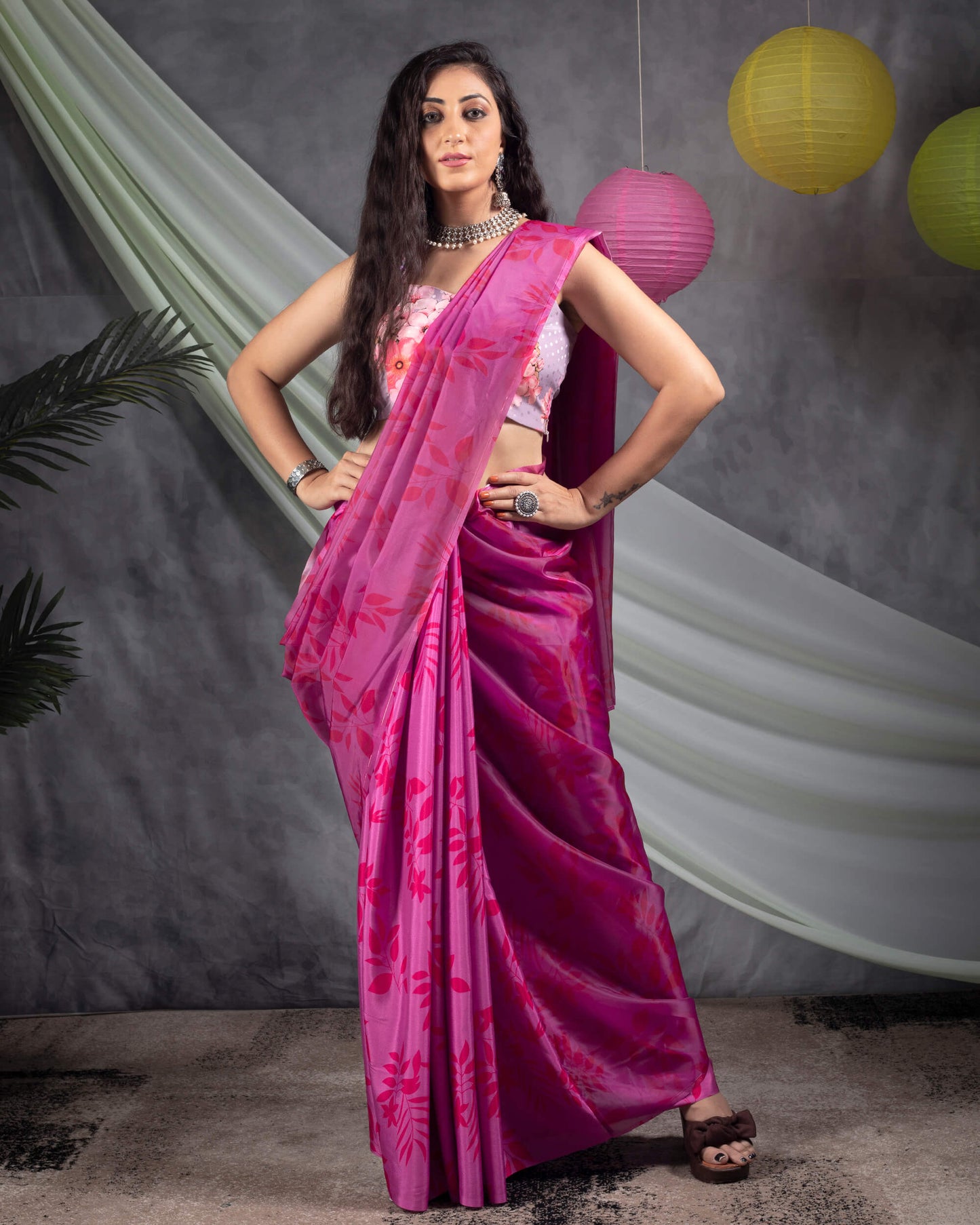 Creamy Pink And Red Leaf Pattern Half Digtal Print Liquid Organza Saree With Tassles