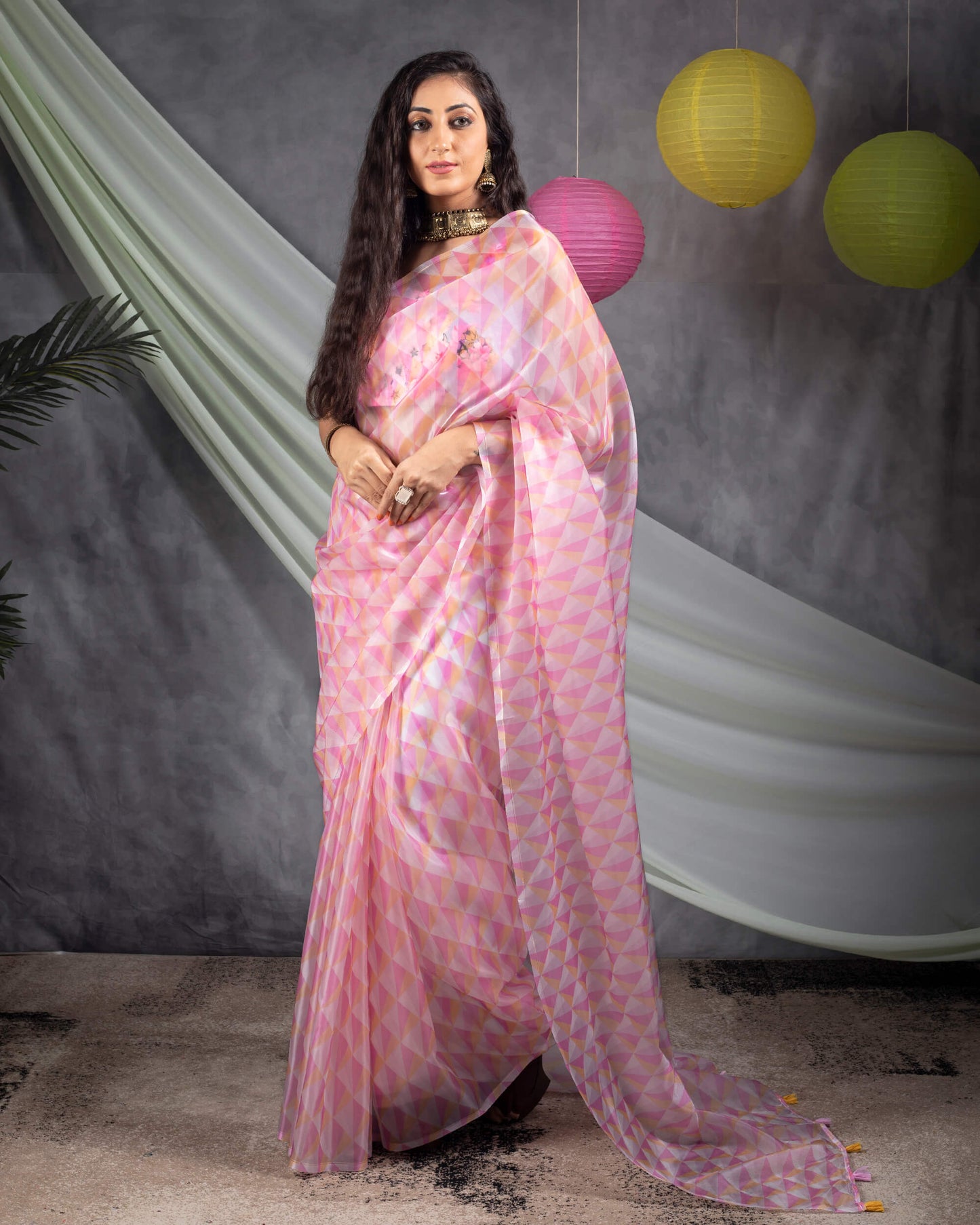 Taffy Pink And White Geometric Pattern Organza Saree With Tassels