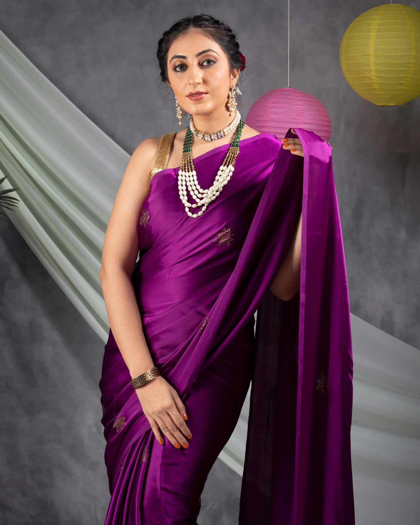 Wine Purple Leaf Premium Swarovski Hand Work Japan Satin Saree With Zari Sequins Lace Border