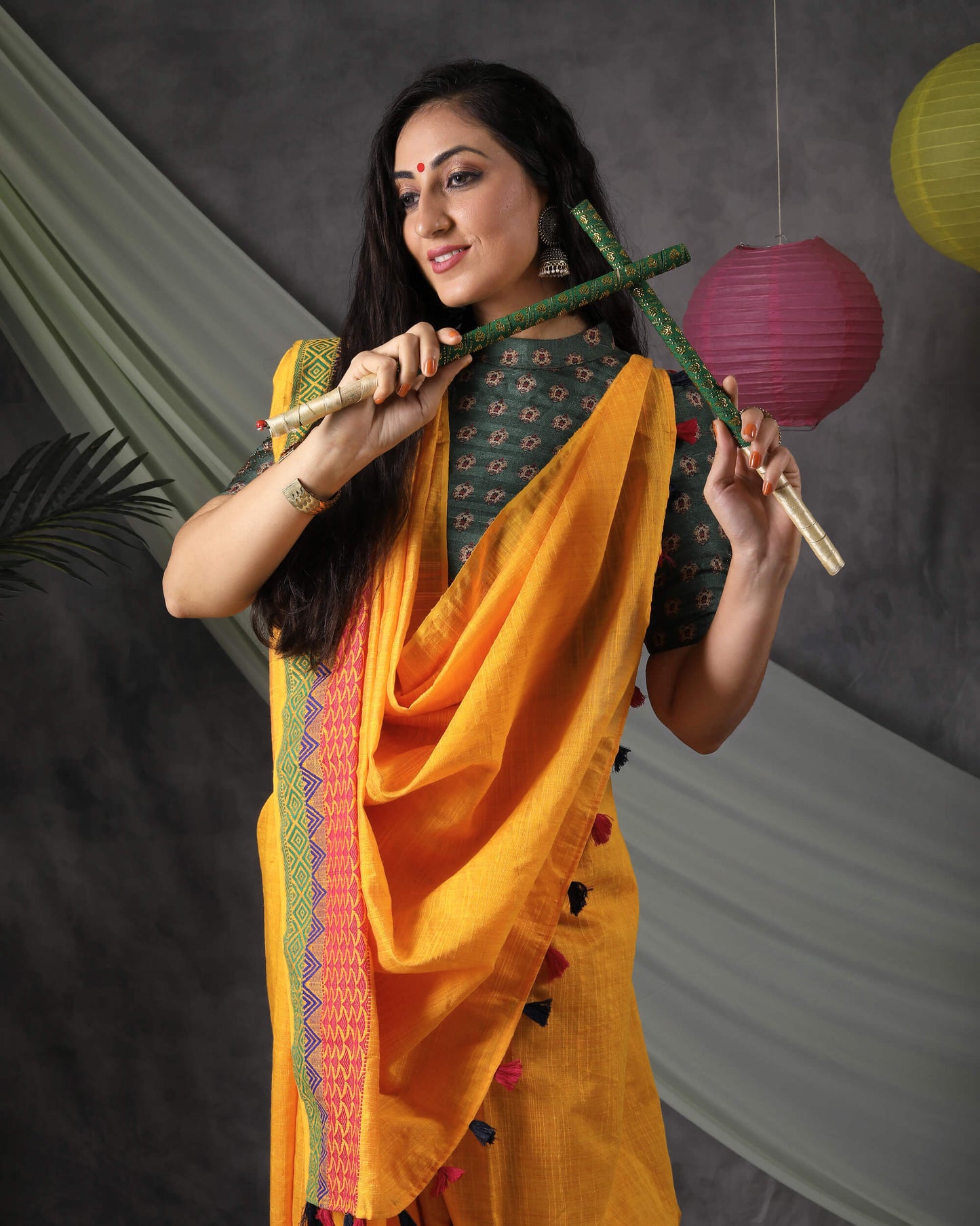 Fire Yellow And Magenta Pink Traditional Pattern With Spun Dupion Border Handloom Chanderi Slub Saree With Tassles
