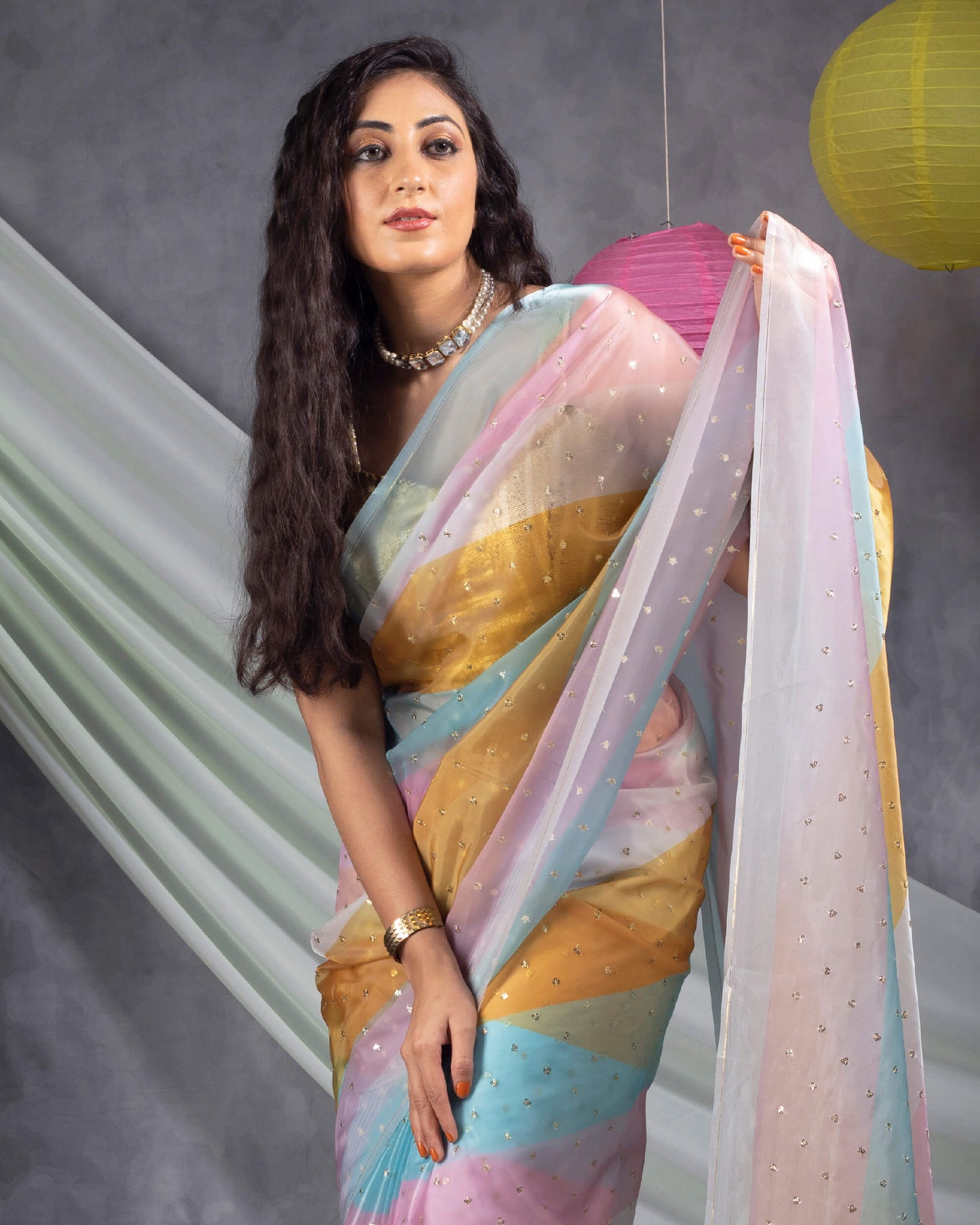 Yellow And Baby Pink Stripes Pattern Booti Sequins Digital Print Liquid Organza Saree With Tassles