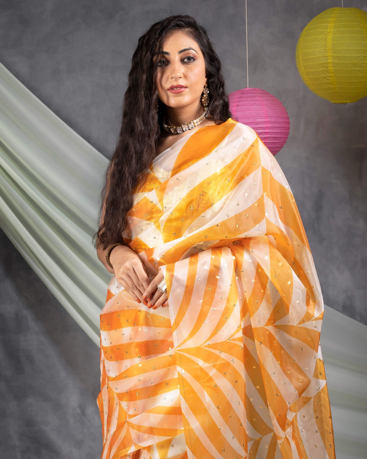 Butter Yellow And White Abstract Pattern Booti Sequins Digital Print Liquid Organza Saree With Tassles