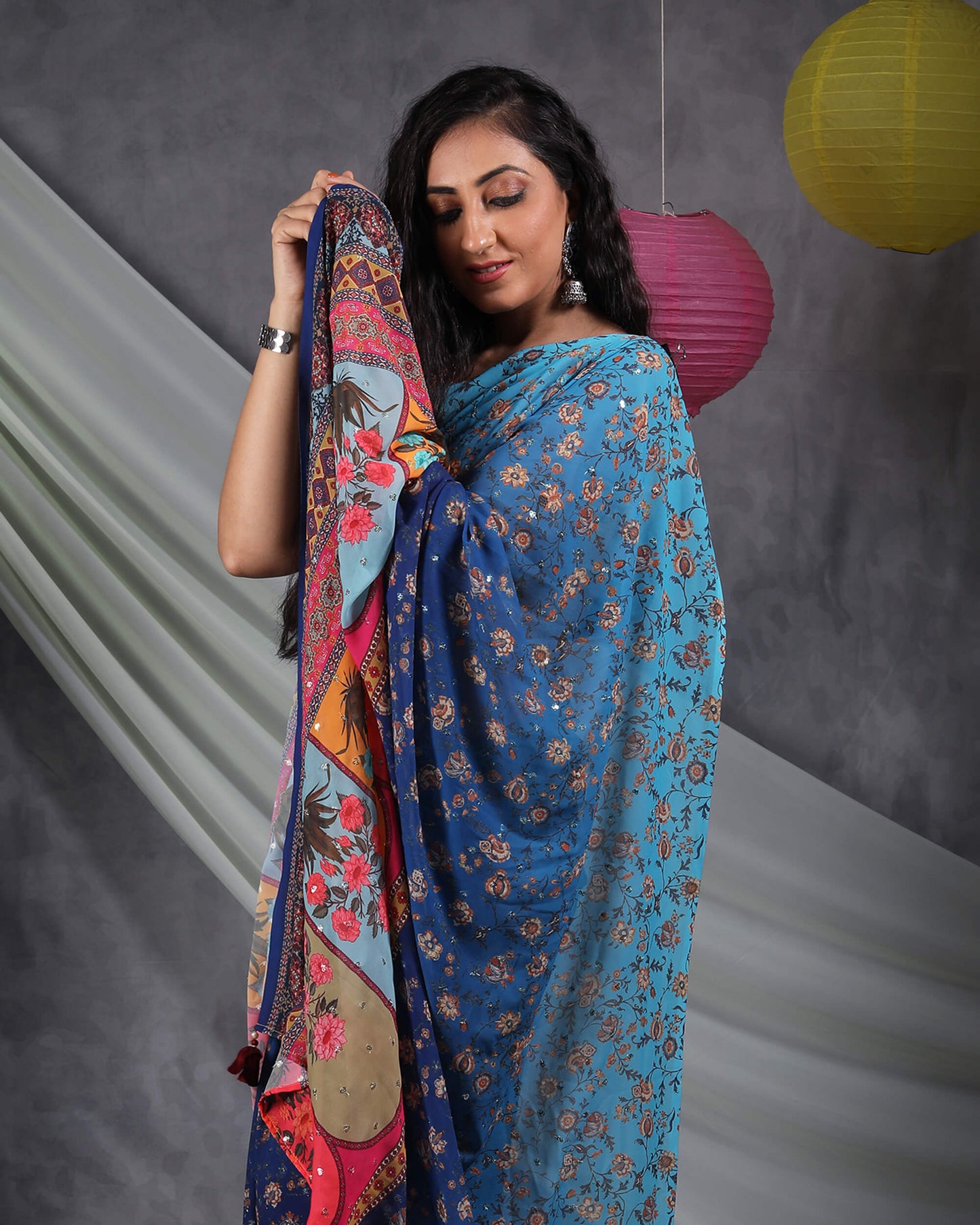 Navy Blue And Red Floral Pattern Booti Sequins Digital Print Georgette Saree With Tassels