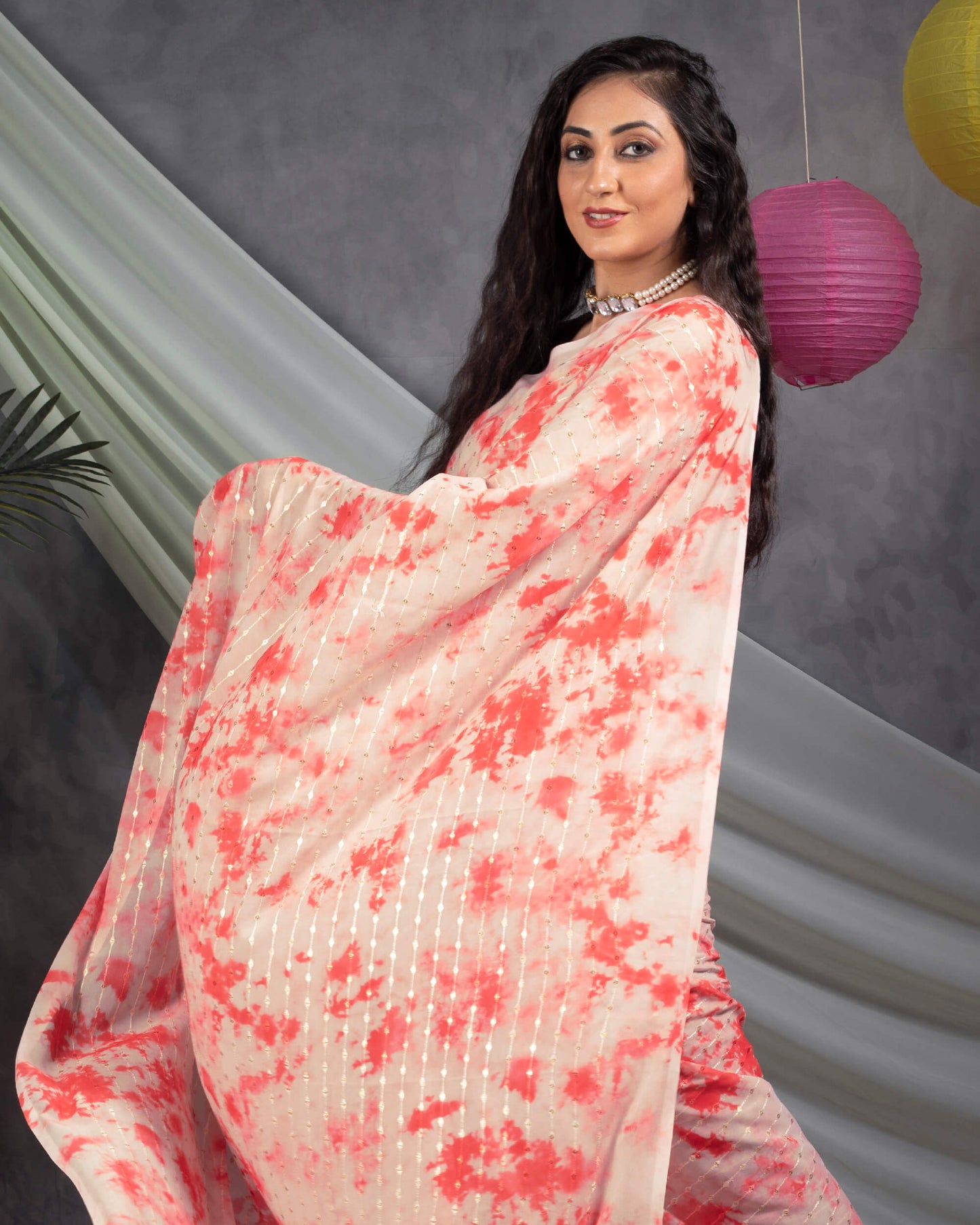 Red And Oat Beige Tye And Dye Pattern Booti Sequins Embroidery Digital Print Georgette Saree