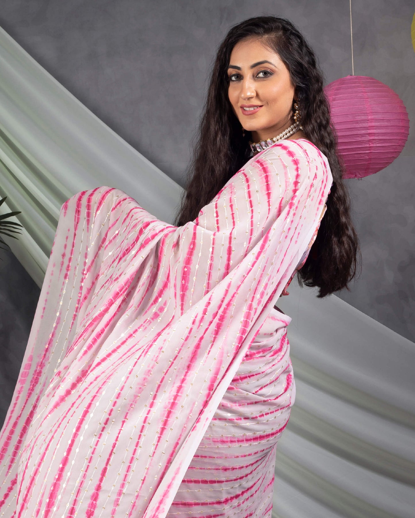 Deep Pink And Oat Beige Shiiborii Pattern Booti Sequins Embroidery Georgette Saree With Tassels