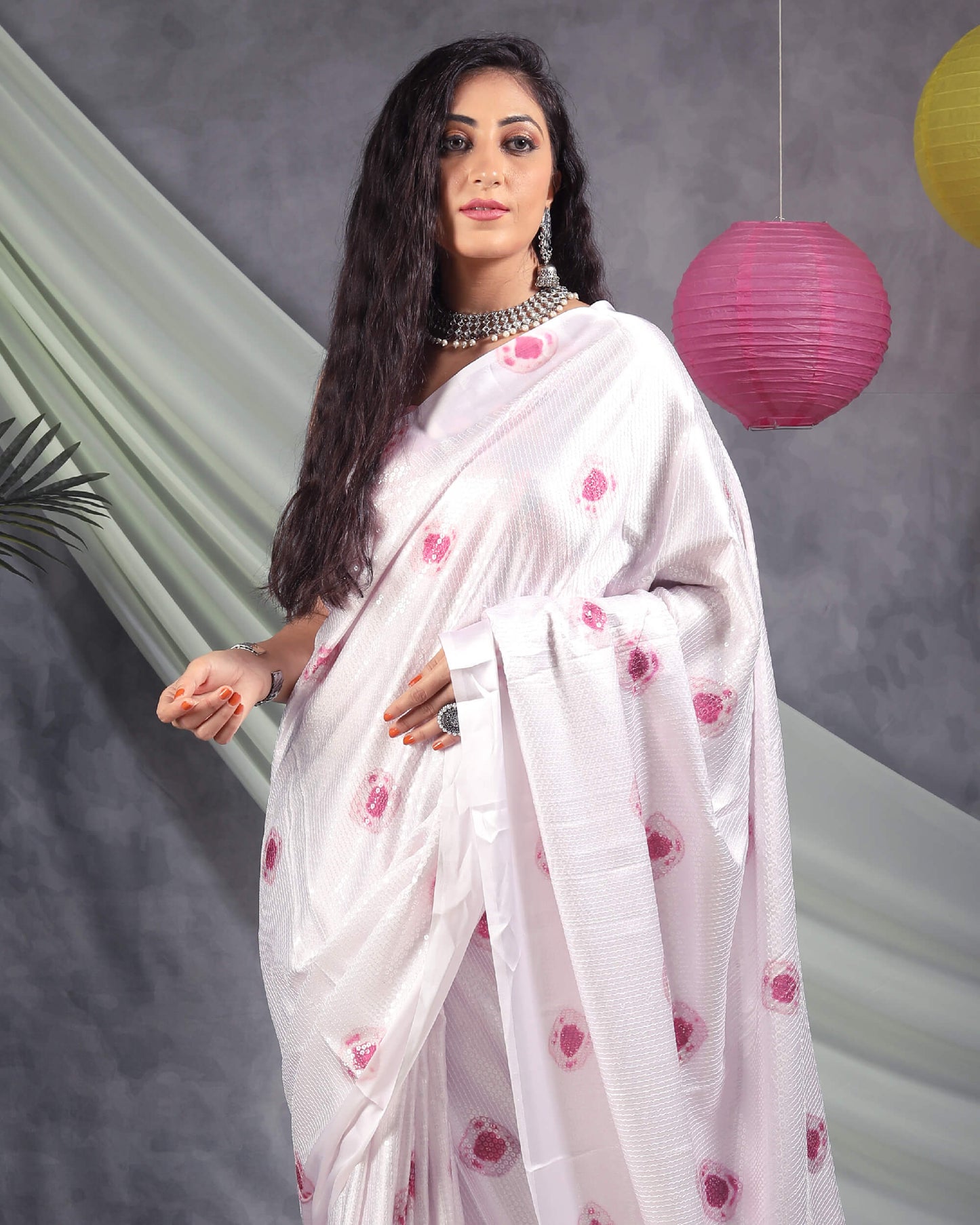 Lace Pink Shiiborii Pattern All Over Sequins Digital Print Japan Satin Saree