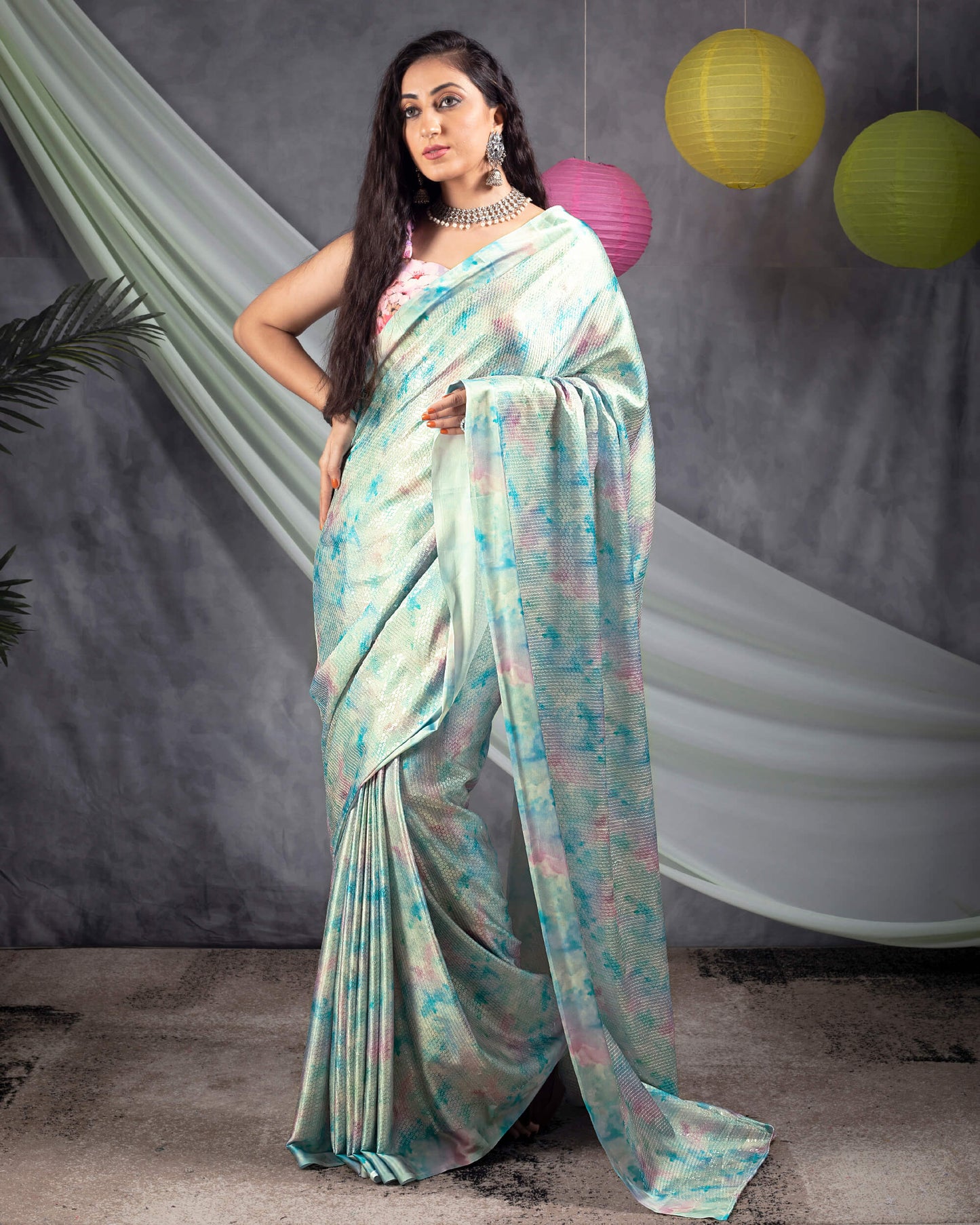 Pastel Green And Baby Pink Tye And Dye Pattern All Over Sequins Digital Print Japan Satin Saree