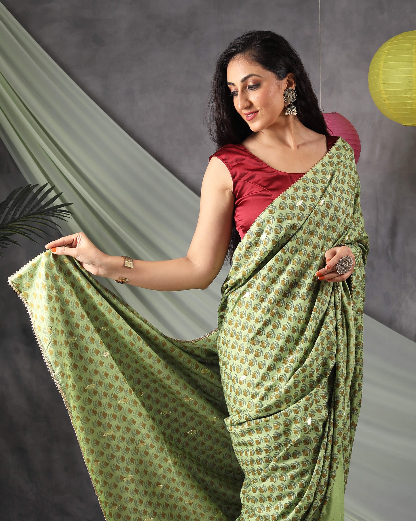 Pickle Green Half Floral Pattern Handblock Cotton Lurex Saree With Goden Zari Lace Border