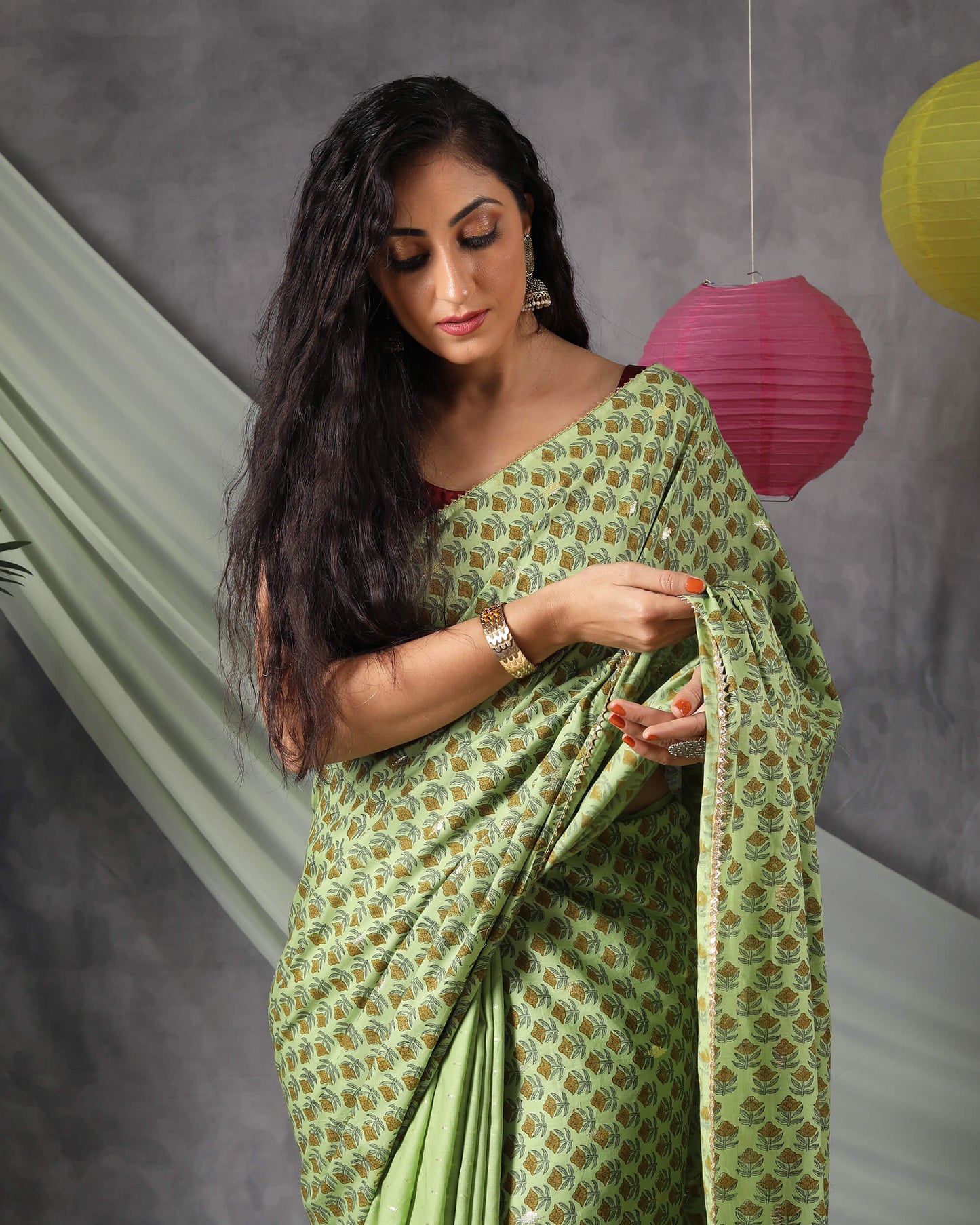 Pickle Green Half Floral Pattern Handblock Cotton Lurex Saree With Goden Zari Lace Border