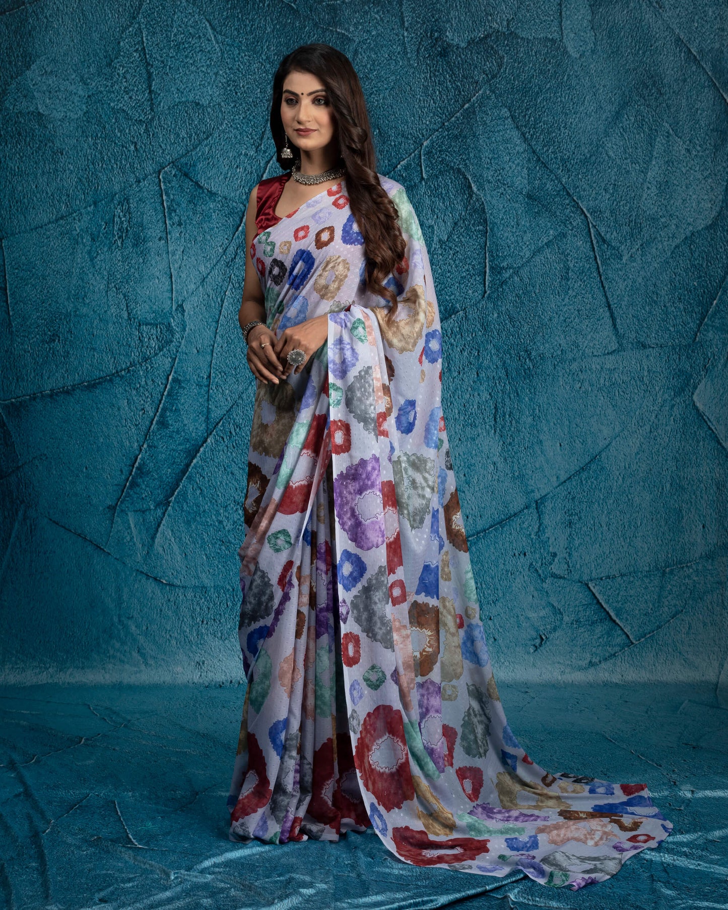 Powder Blue And Maroon Geometric Pattern Digital Print Water Lurex Chiffon Saree With Tassels