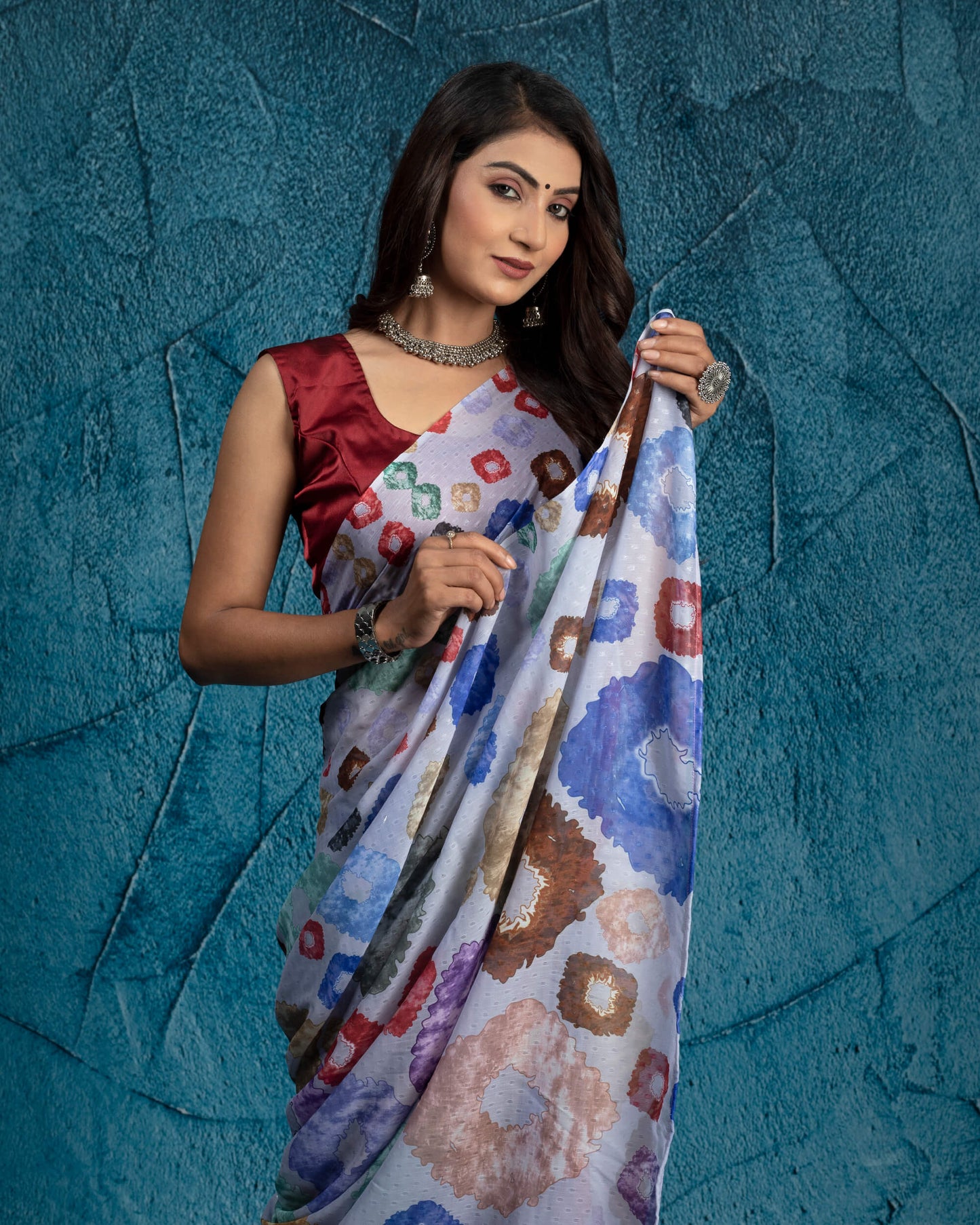 Powder Blue And Maroon Geometric Pattern Digital Print Water Lurex Chiffon Saree With Tassels