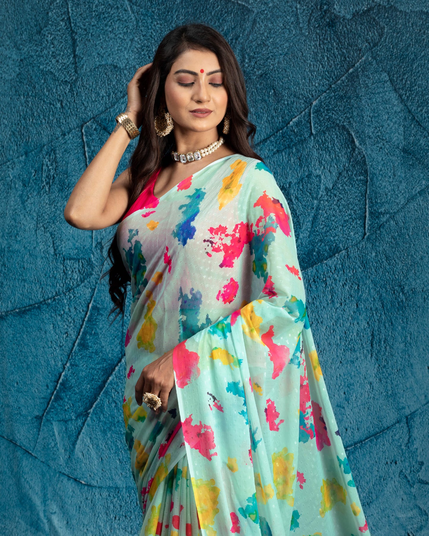 Mint Green And Pink Tye And Dye Pattern Digital Print Water Lurex Chiffon Saree With Tassels