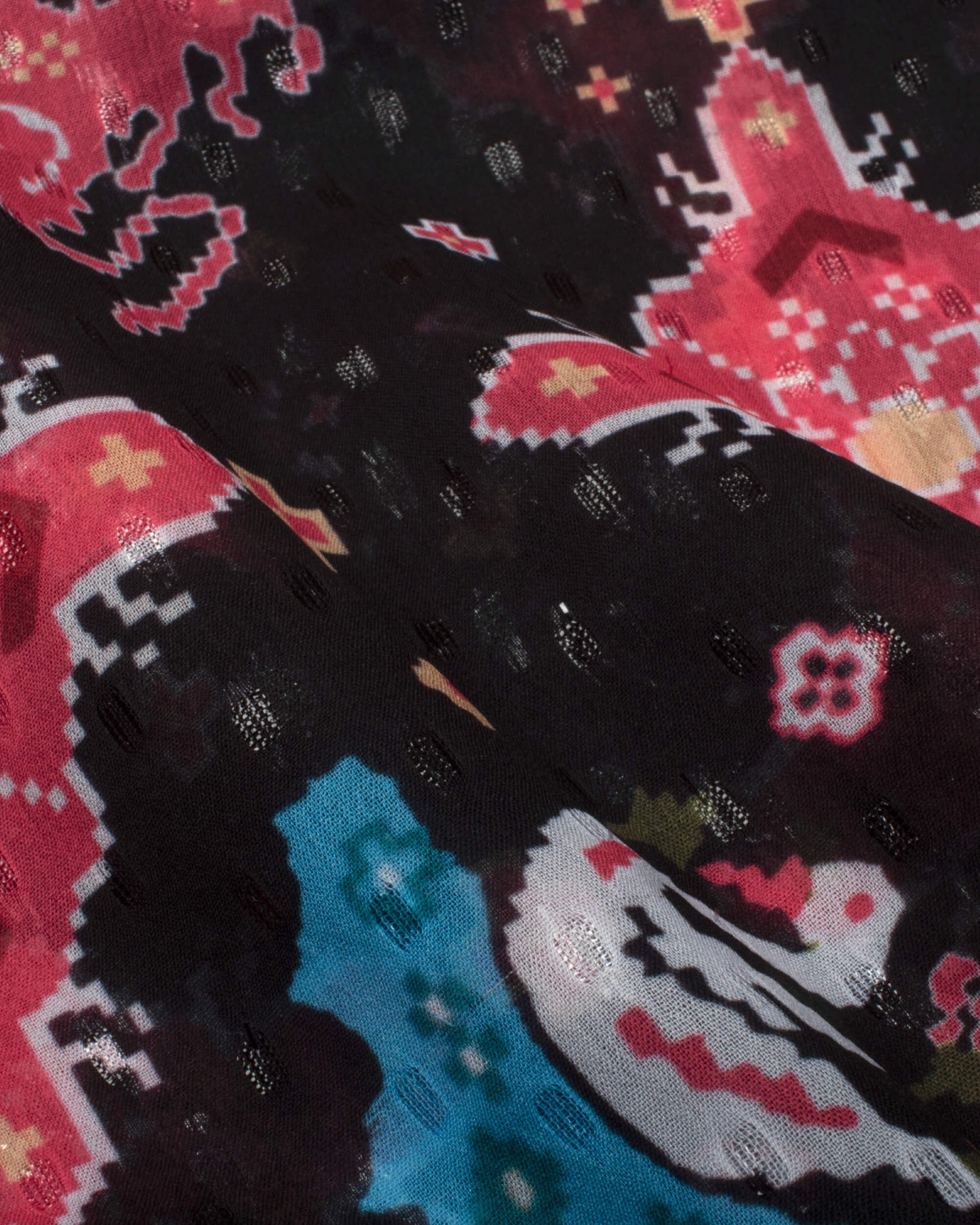 Black And Red Patolaa Pattern Digital Print Water Lurex Chiffon Saree With Tassels