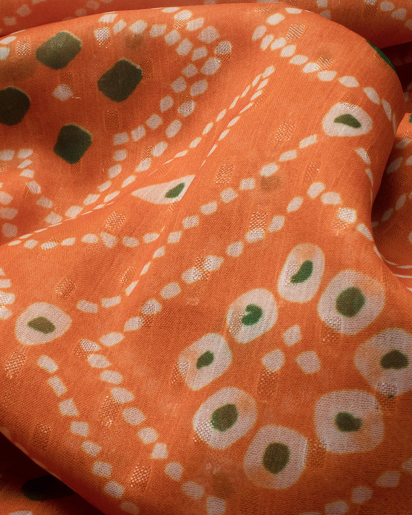 Squash Orange And White Bandhanii Pattern Digital Print Water Lurex Chiffon Saree With Pearl Work Lace Border