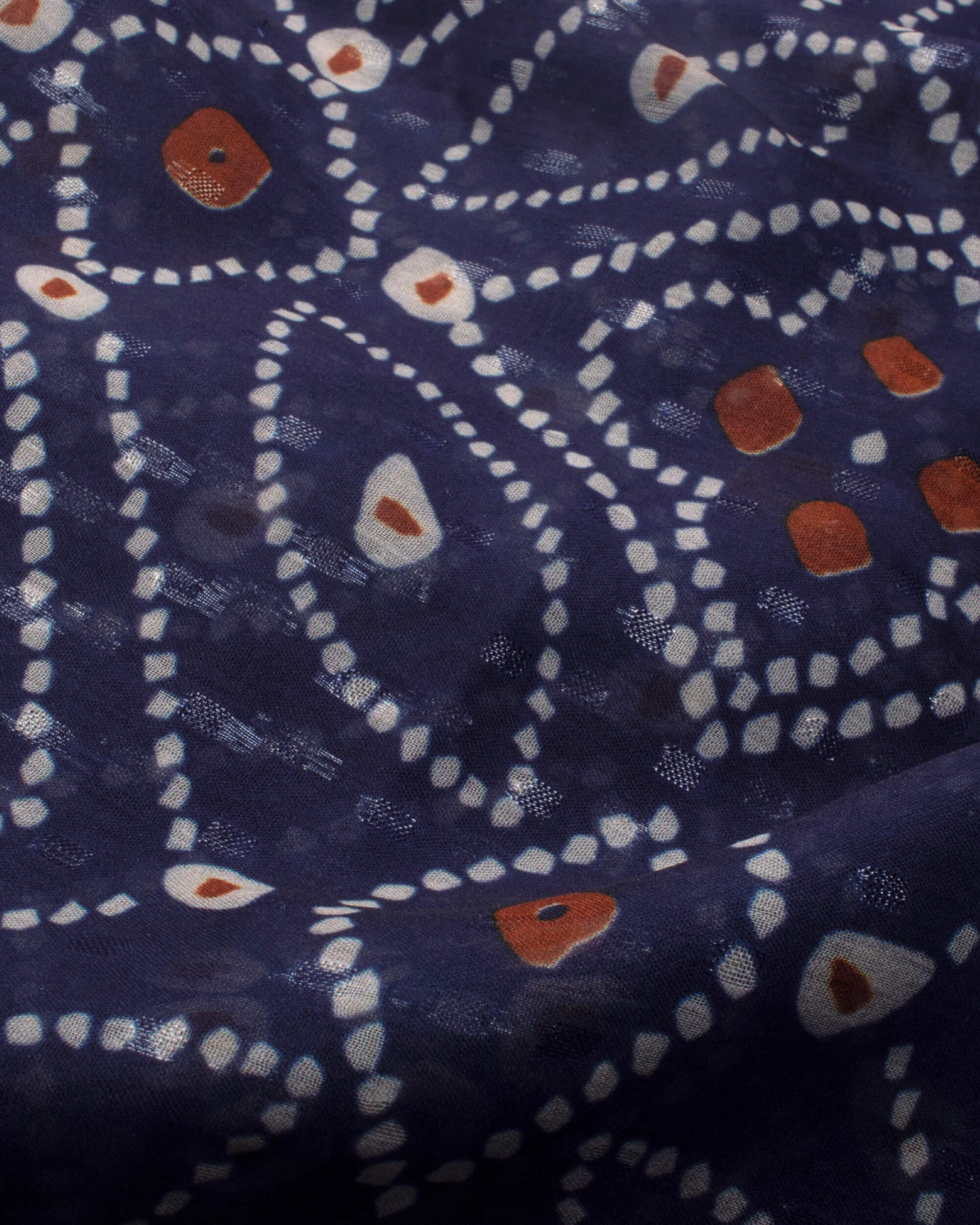 Navy Blue And White Bandhanii Pattern Digital Print Water Lurex Chiffon Saree With Zari Mirror Work Lace Border