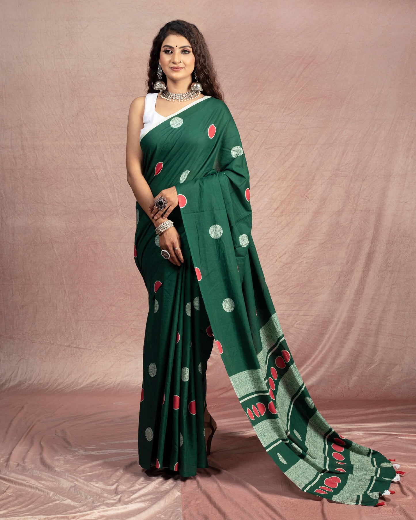 Sacramento Green And Red Polka Dots Pattern Digital Print Cotton Mulmul Saree With Tassles