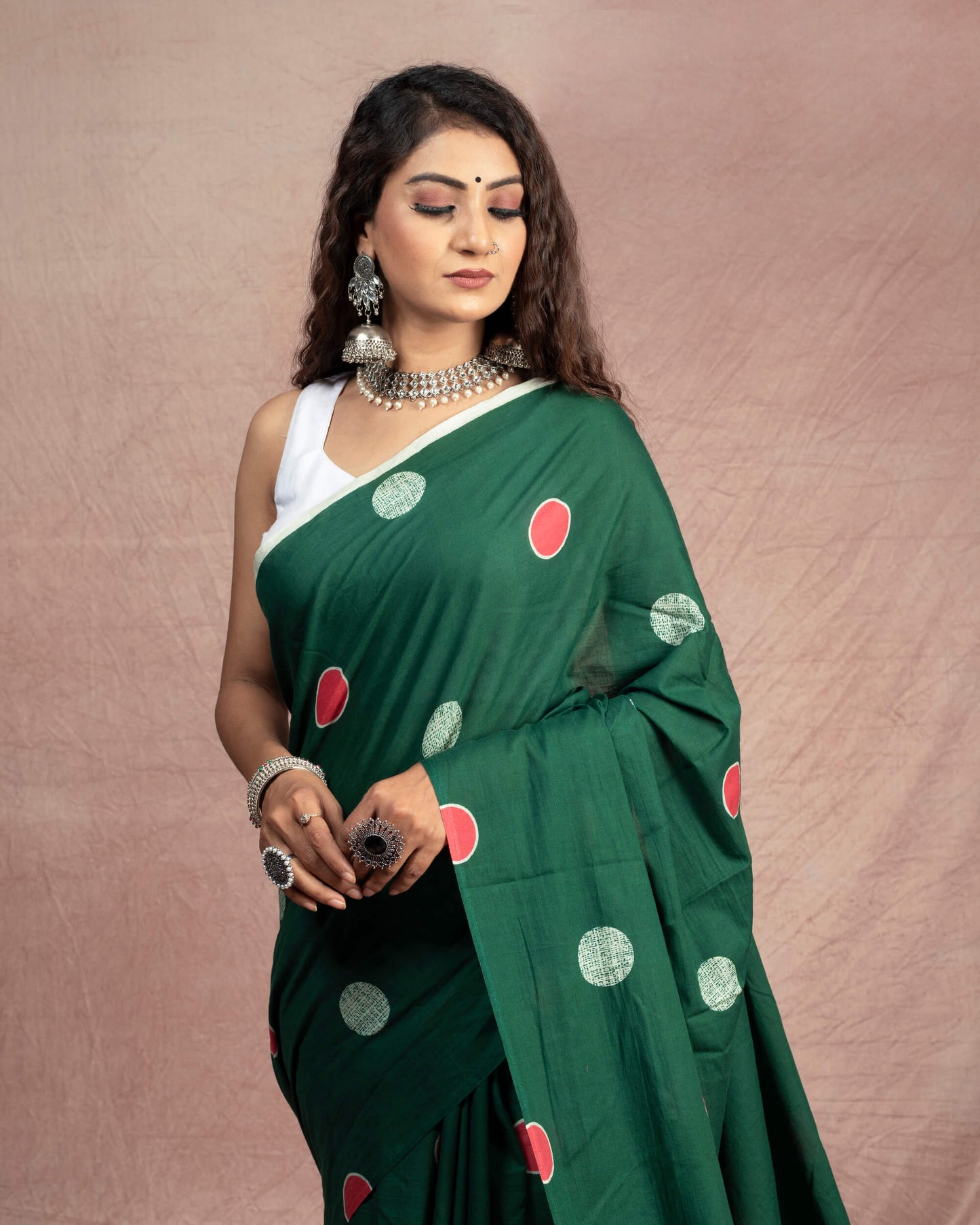 Sacramento Green And Red Polka Dots Pattern Digital Print Cotton Mulmul Saree With Tassles