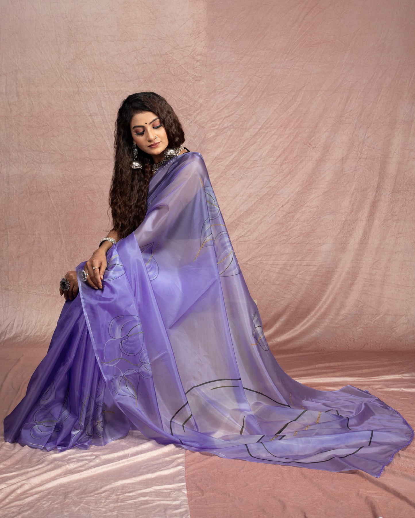 Royal Purple And Black Leaf Pattern Organza Saree