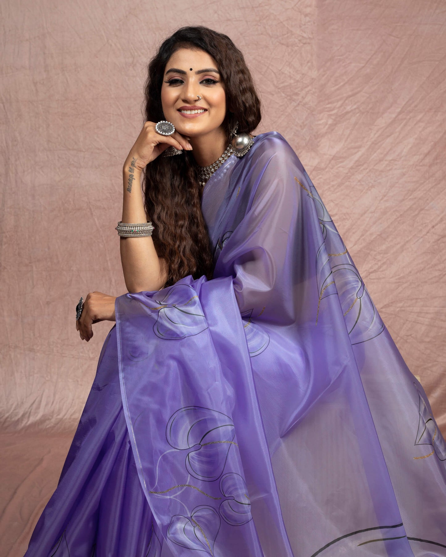 Royal Purple And Black Leaf Pattern Organza Saree