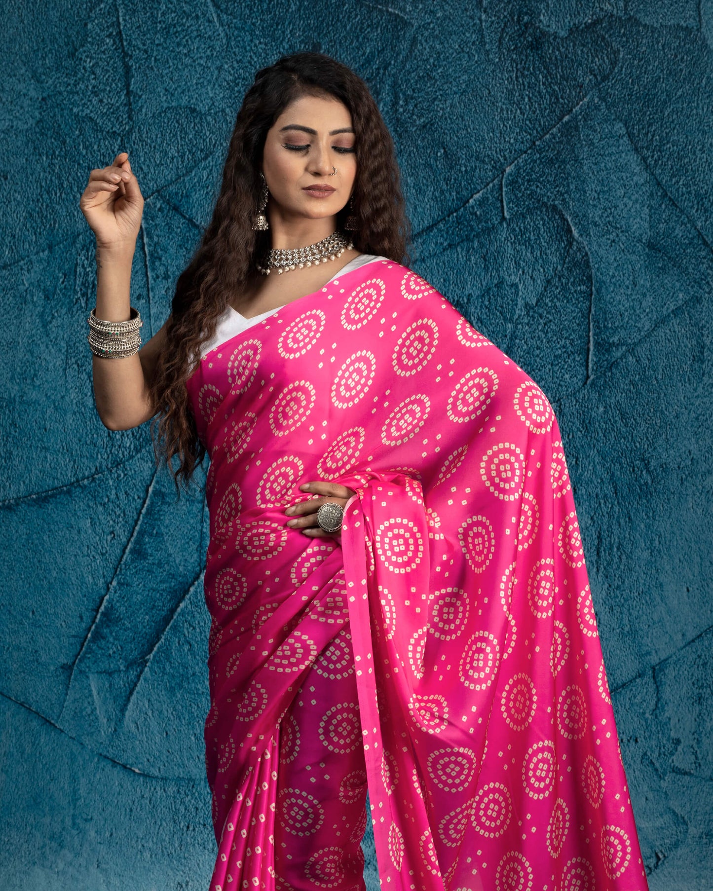 Hot Pink And Cream Bandhanii Pattern Digital Print Georgette Satin Saree With Tassels
