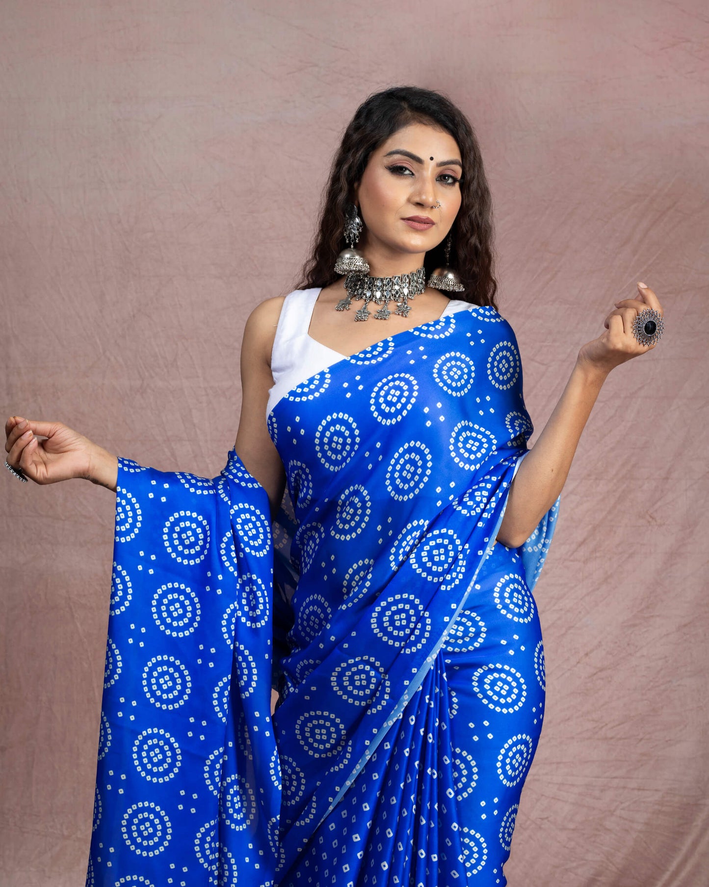 Royal Blue And Cream Bandhanii Pattern Digital Print Georgette Satin Saree With Tassels