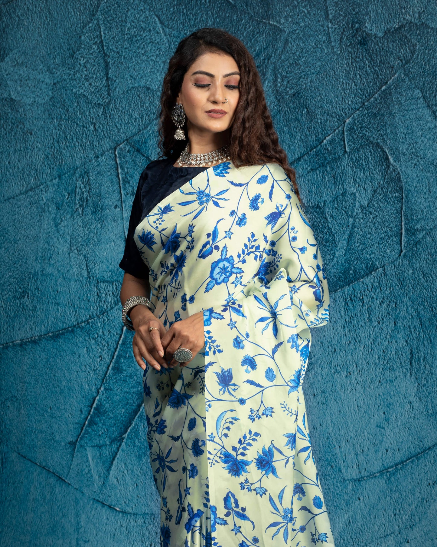 Cream And Blue Floral Pattern Digital Print Georgette Satin Saree With Tassels