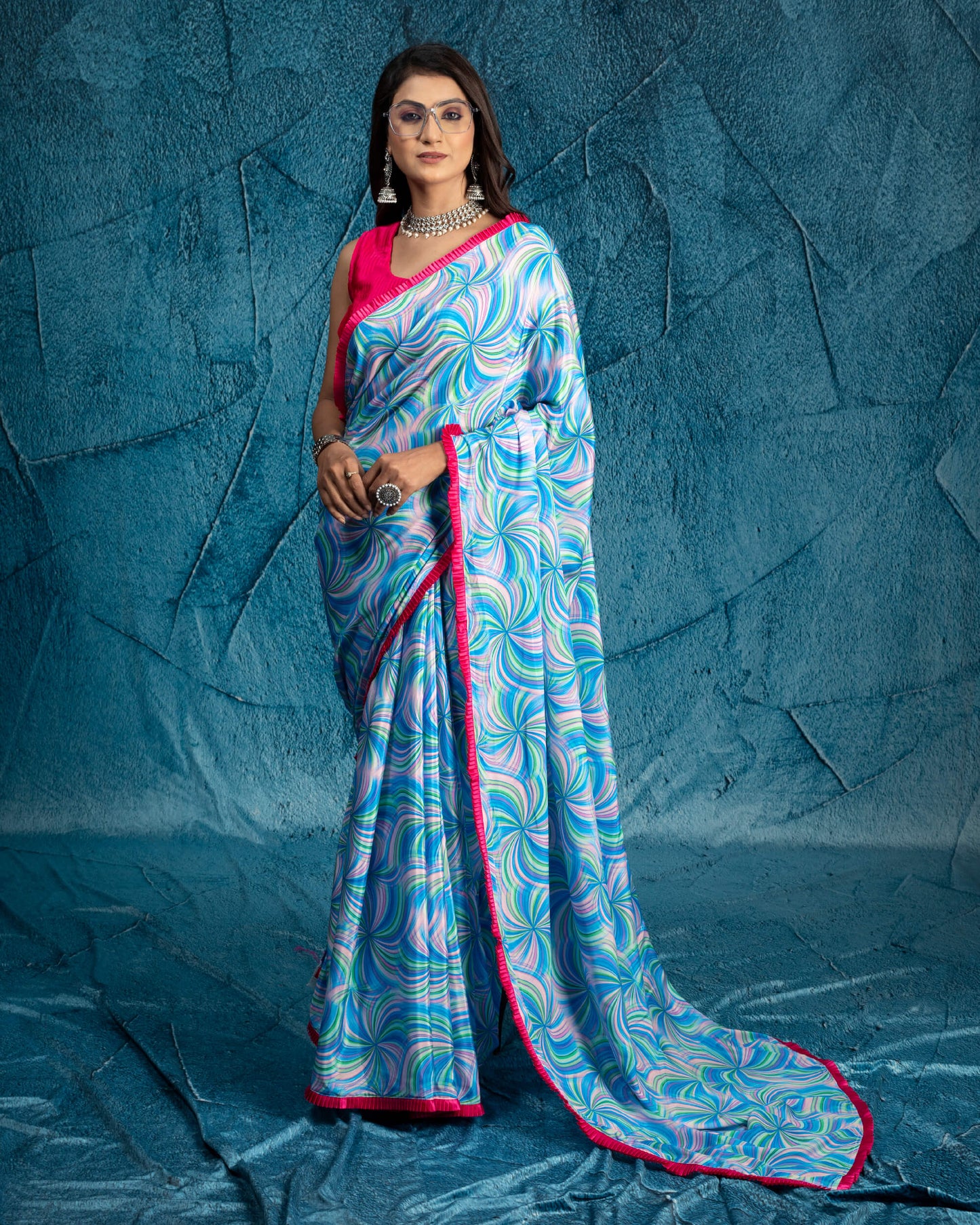 Blue And Blush Pink Abstract Pattern Digital Print Crepe Silk Saree With Satin Border