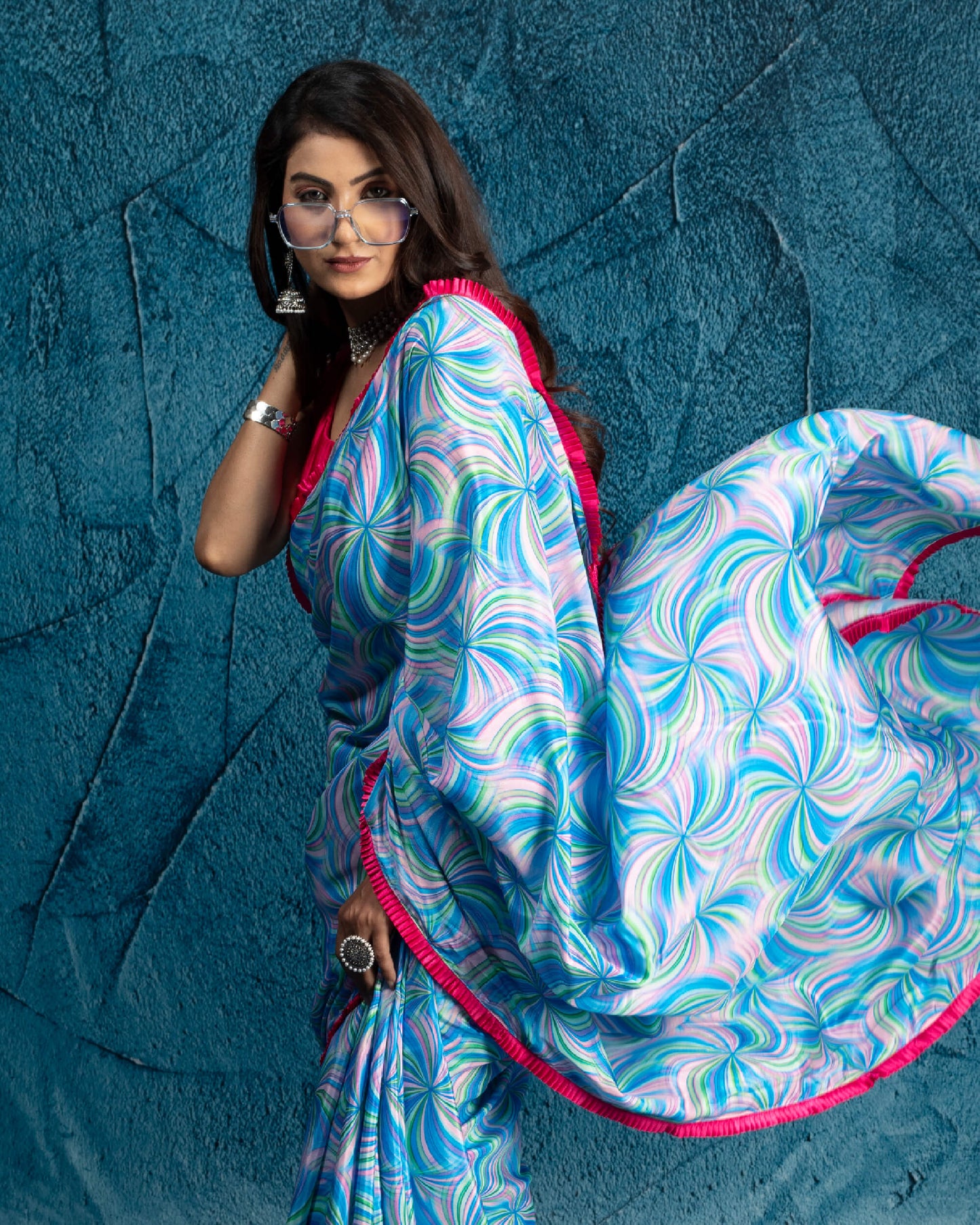 Blue And Blush Pink Abstract Pattern Digital Print Crepe Silk Saree With Satin Border