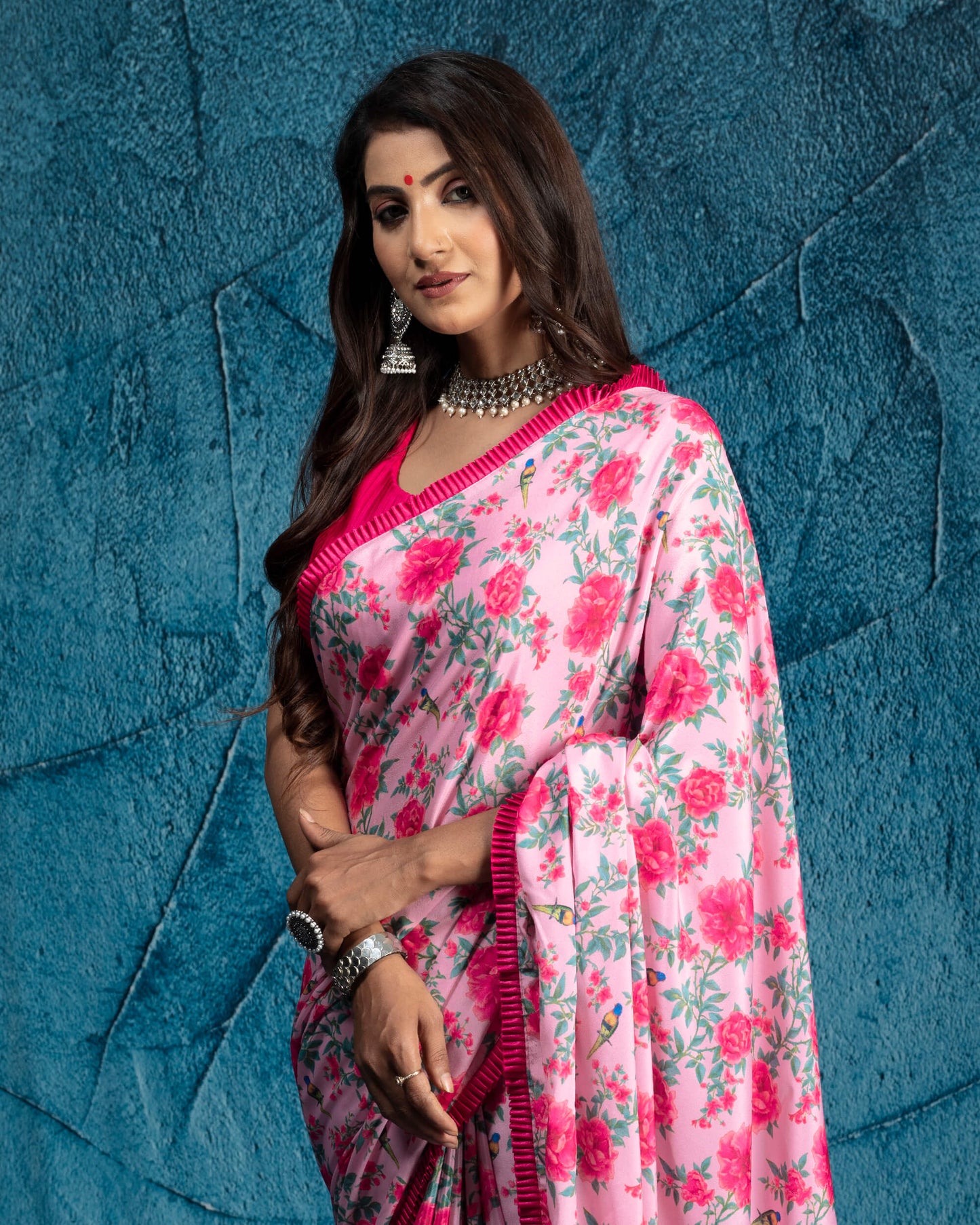 Carnation Pink And Green Floral Pattern Digital Print Crepe Silk Saree With Satin Border