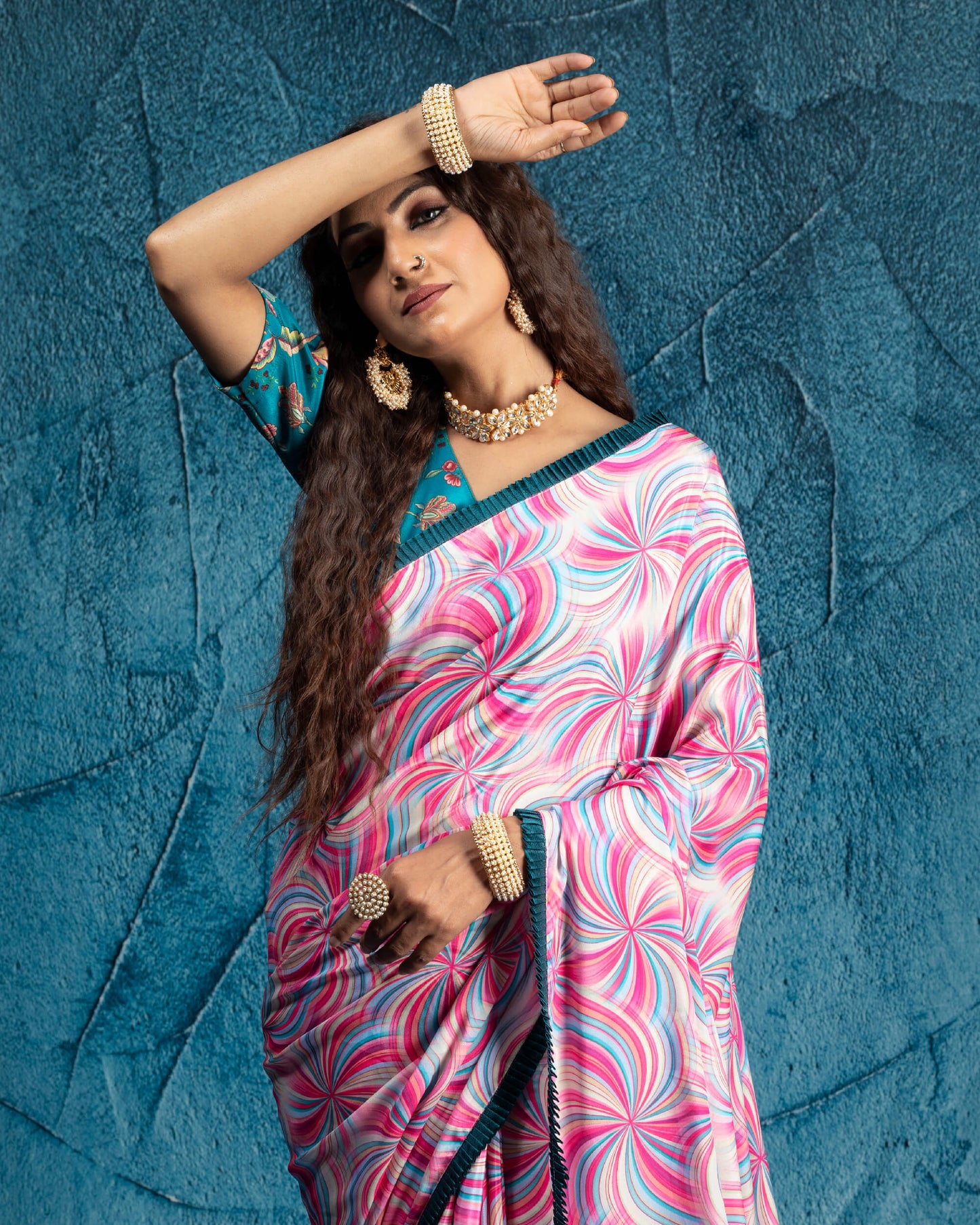 Carnation Pink And Green Abstract Pattern Digital Print Crepe Silk Saree With Satin Border