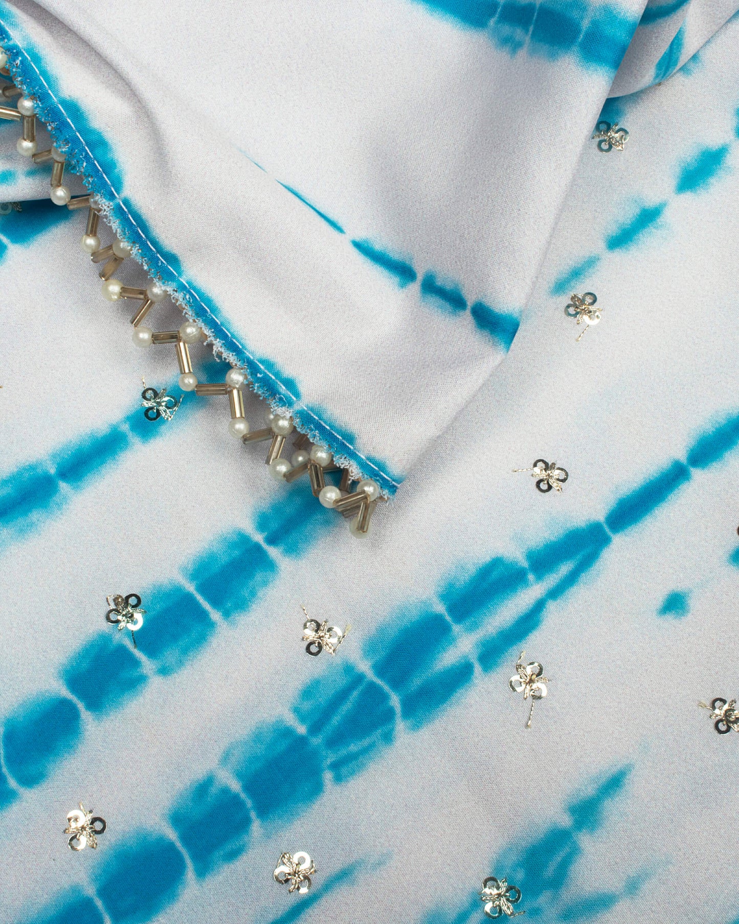 White And Blue Shiiborii Pattern Digital Print Booti Sequins Butter Crepe Saree With Tubular Beads Sequins Lace Border