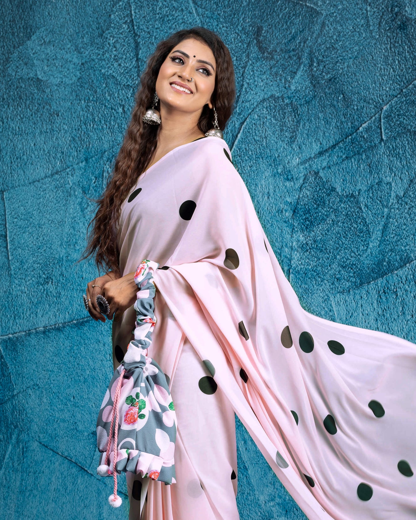 Pale Pink And Black Polka Dots Pattern Digital Print Georgette Saree With Tassels