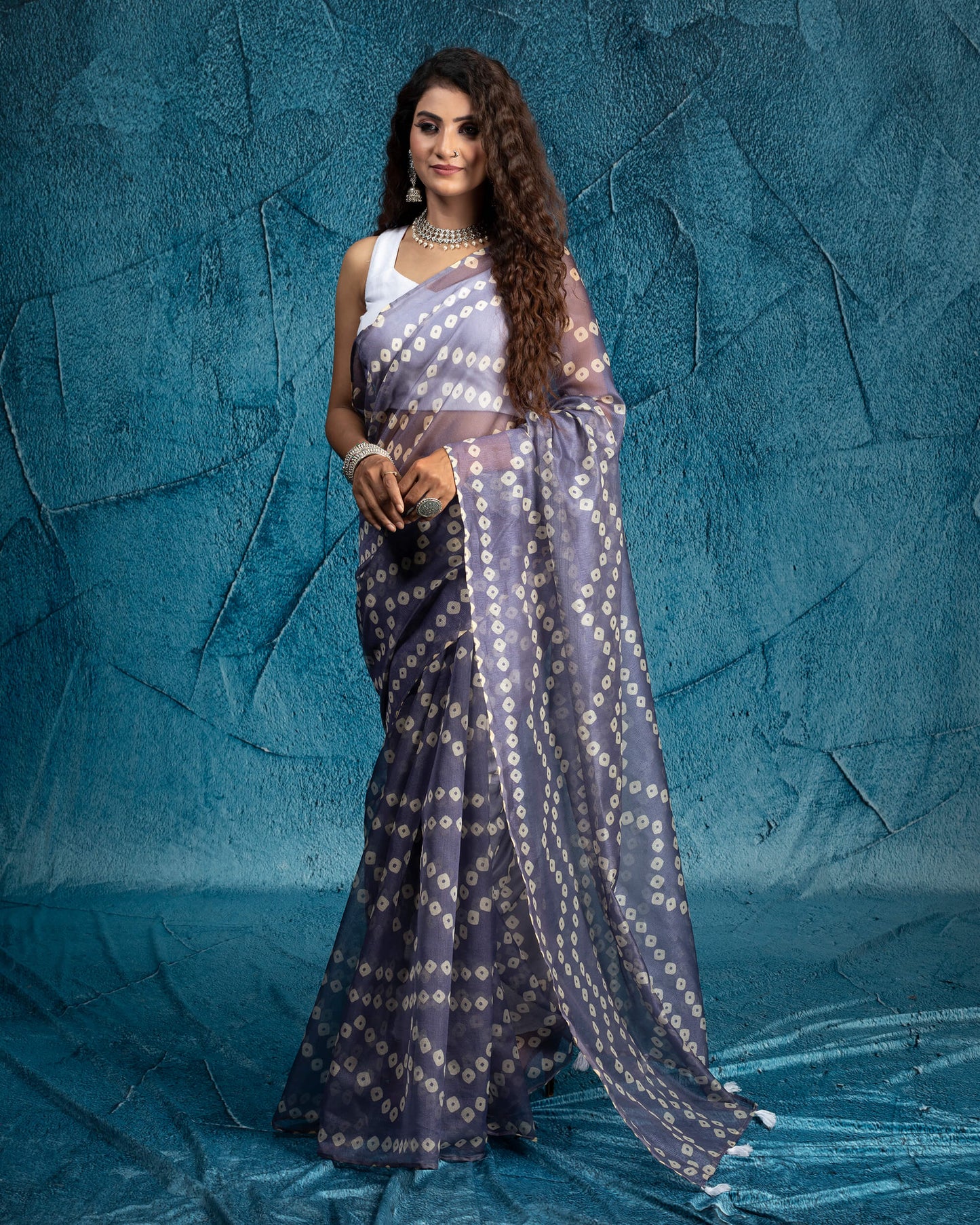 Slate Blue And Off White Bandhani Pattern Digital Print Kota Doria Saree With Tassels