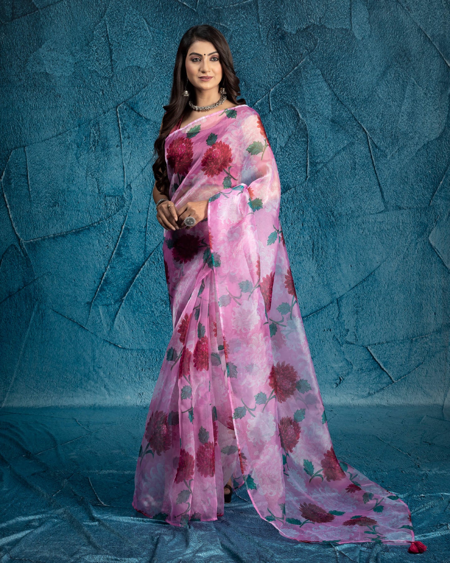 Taffy Pink and Green Floral Pattern Digital Print Organza Tissue Saree With Tassels
