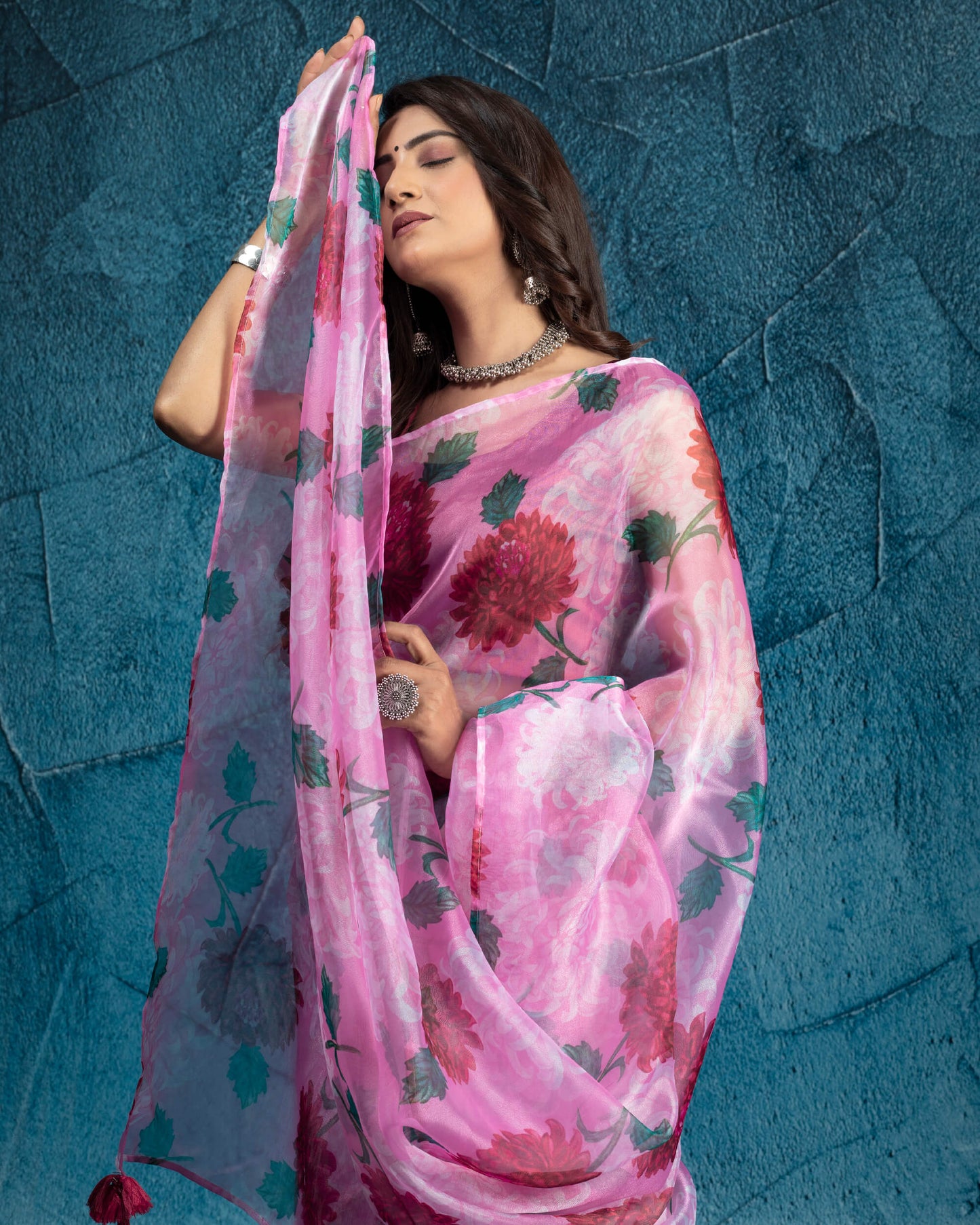 Taffy Pink and Green Floral Pattern Digital Print Organza Tissue Saree With Tassels