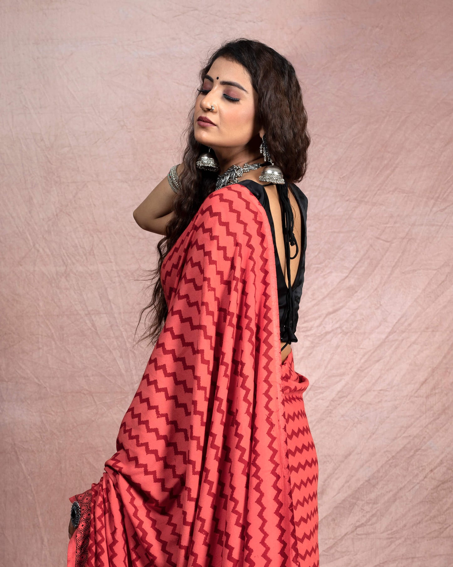 Blush Red And Black Chevron Pattern Bagh Print Handblock Natural Dye Rayon Saree With Tassels