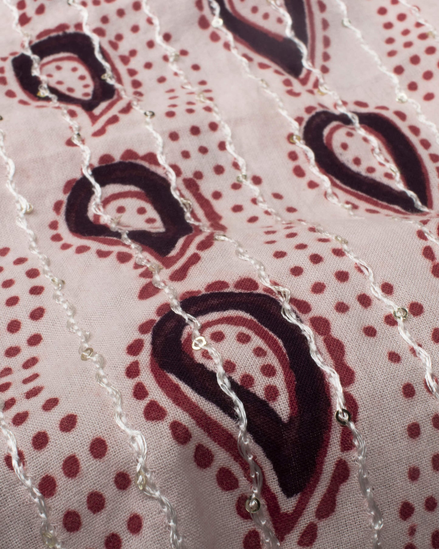 Off White And Maroon Paisley Pattern Bagh Print Sequins Embroidery Handblock Natural Dye Cotton Saree