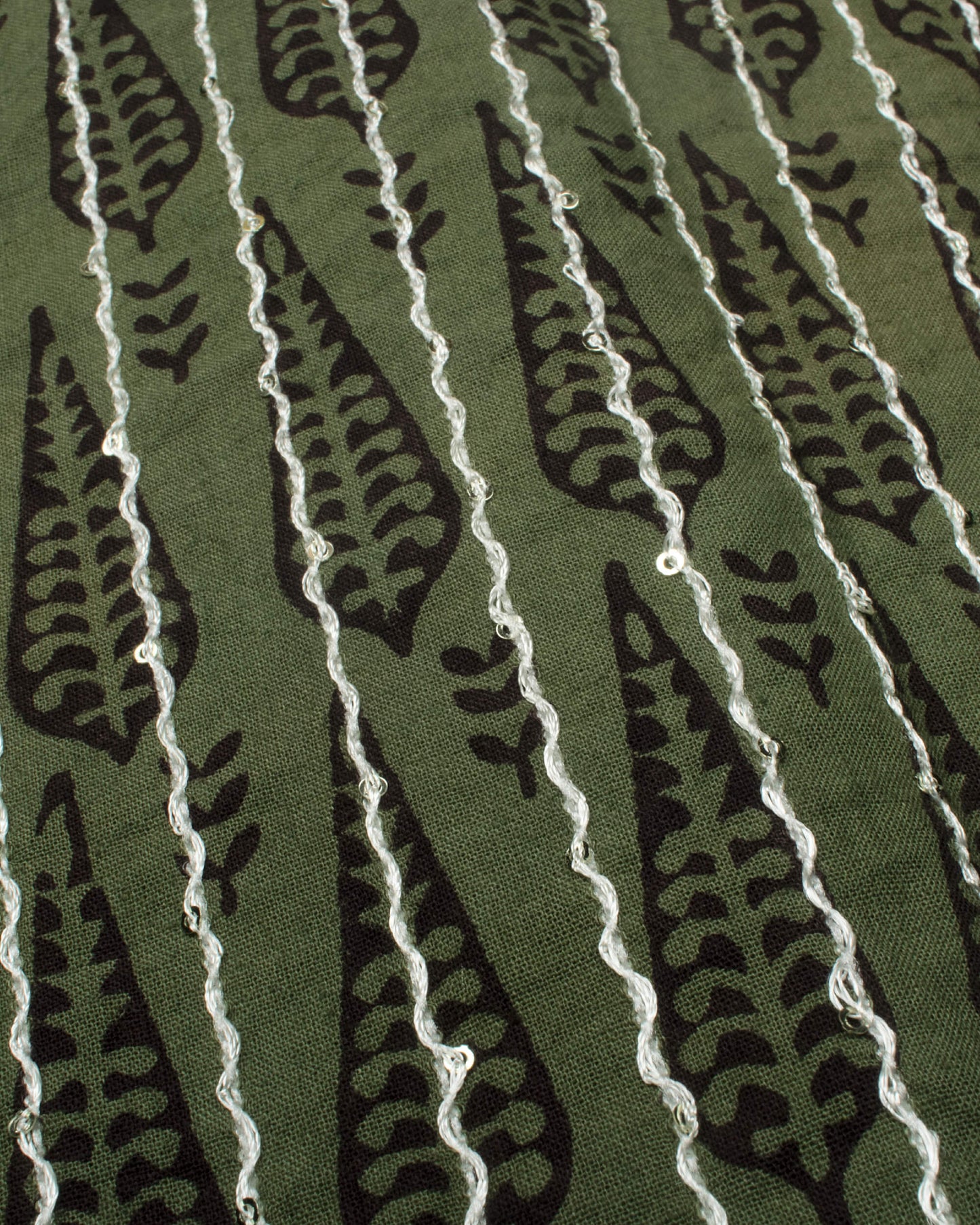 Mineral Green And Black Leaf Pattern Bagh Print Sequins Embroidery Handblock Natural Dye Cotton Saree