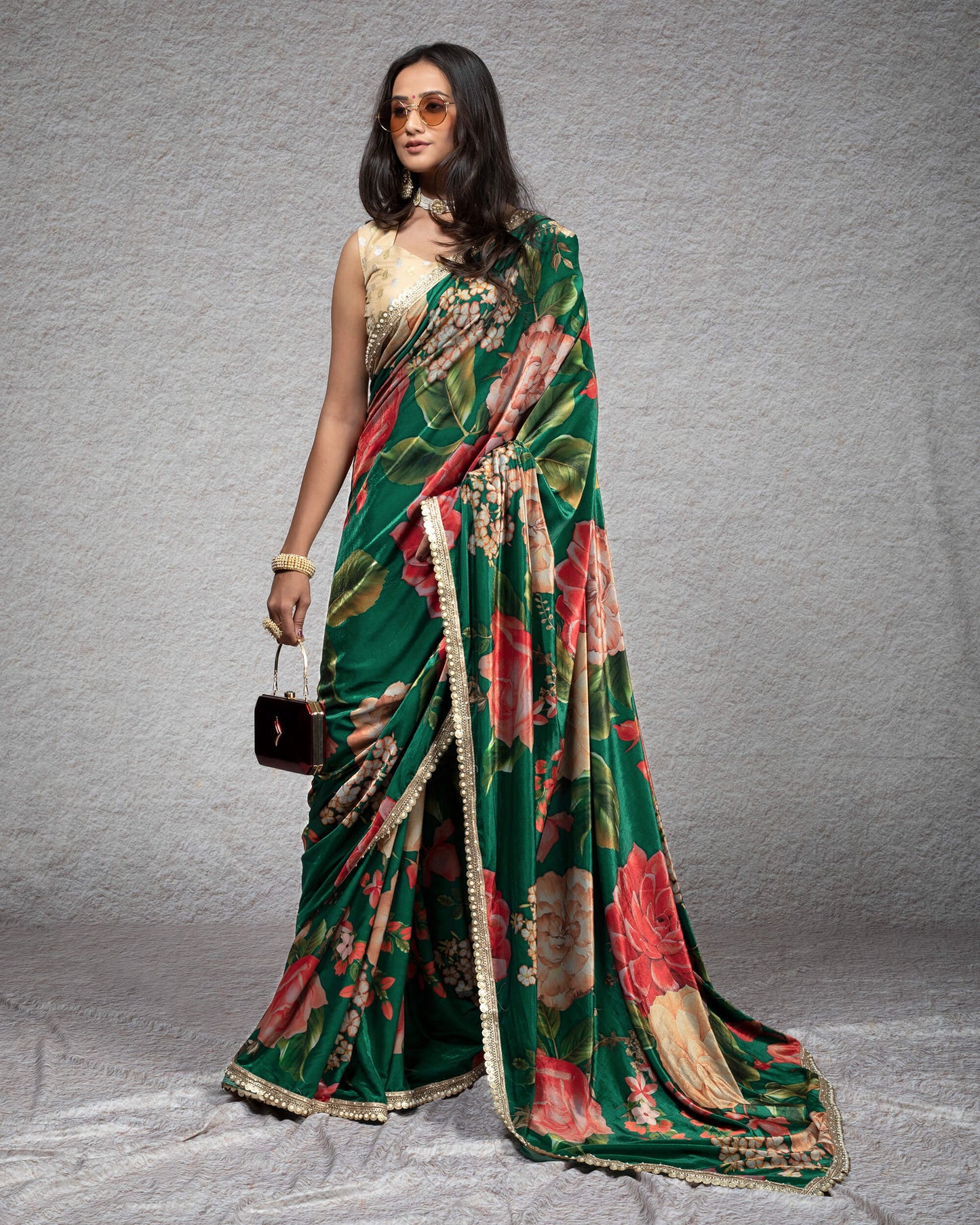 Fun Green And Pink Floral Pattern Digital Print Premium Velvet Saree With Zari Sequins Pearl Work Lace Border