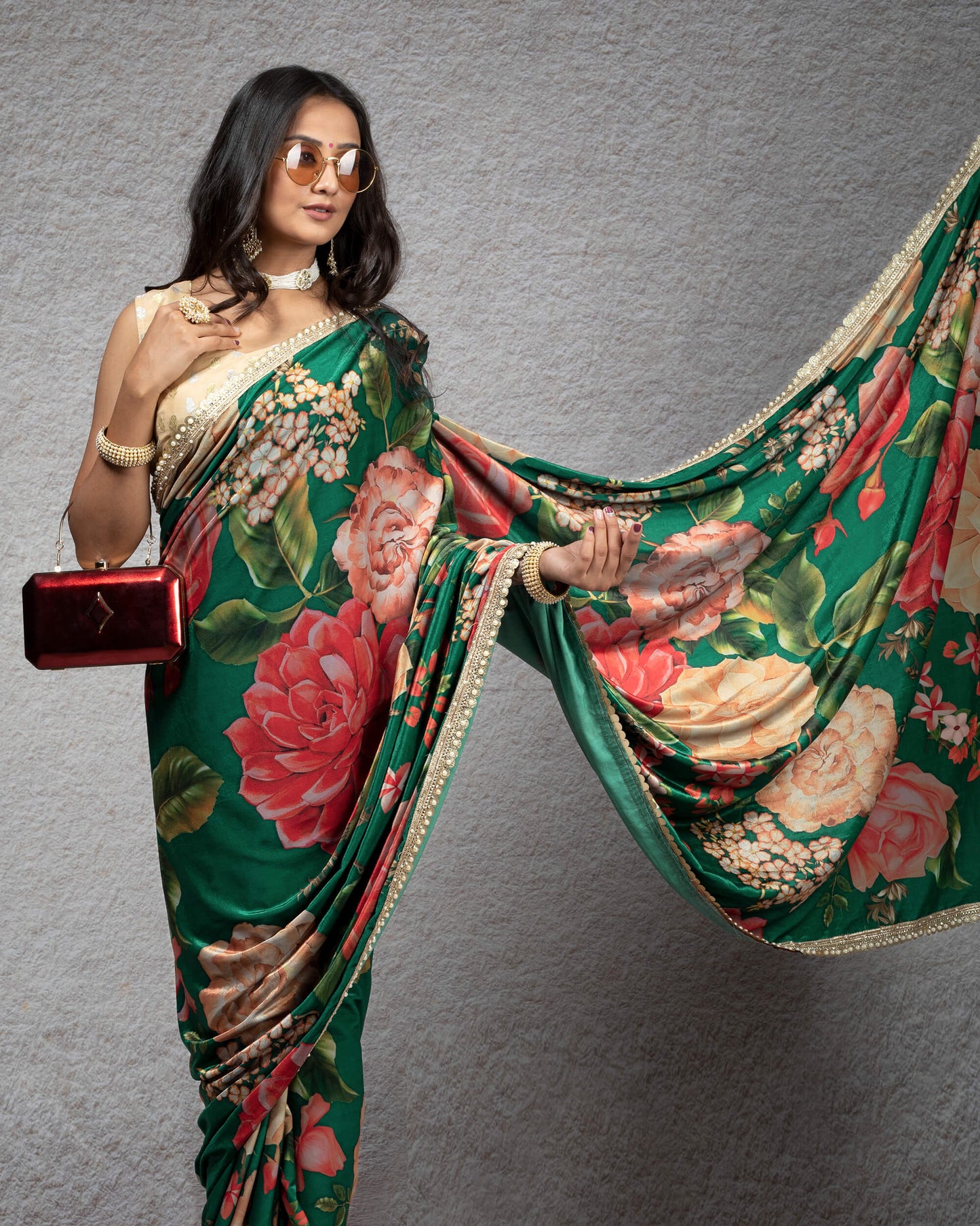 Fun Green And Pink Floral Pattern Digital Print Premium Velvet Saree With Zari Sequins Pearl Work Lace Border