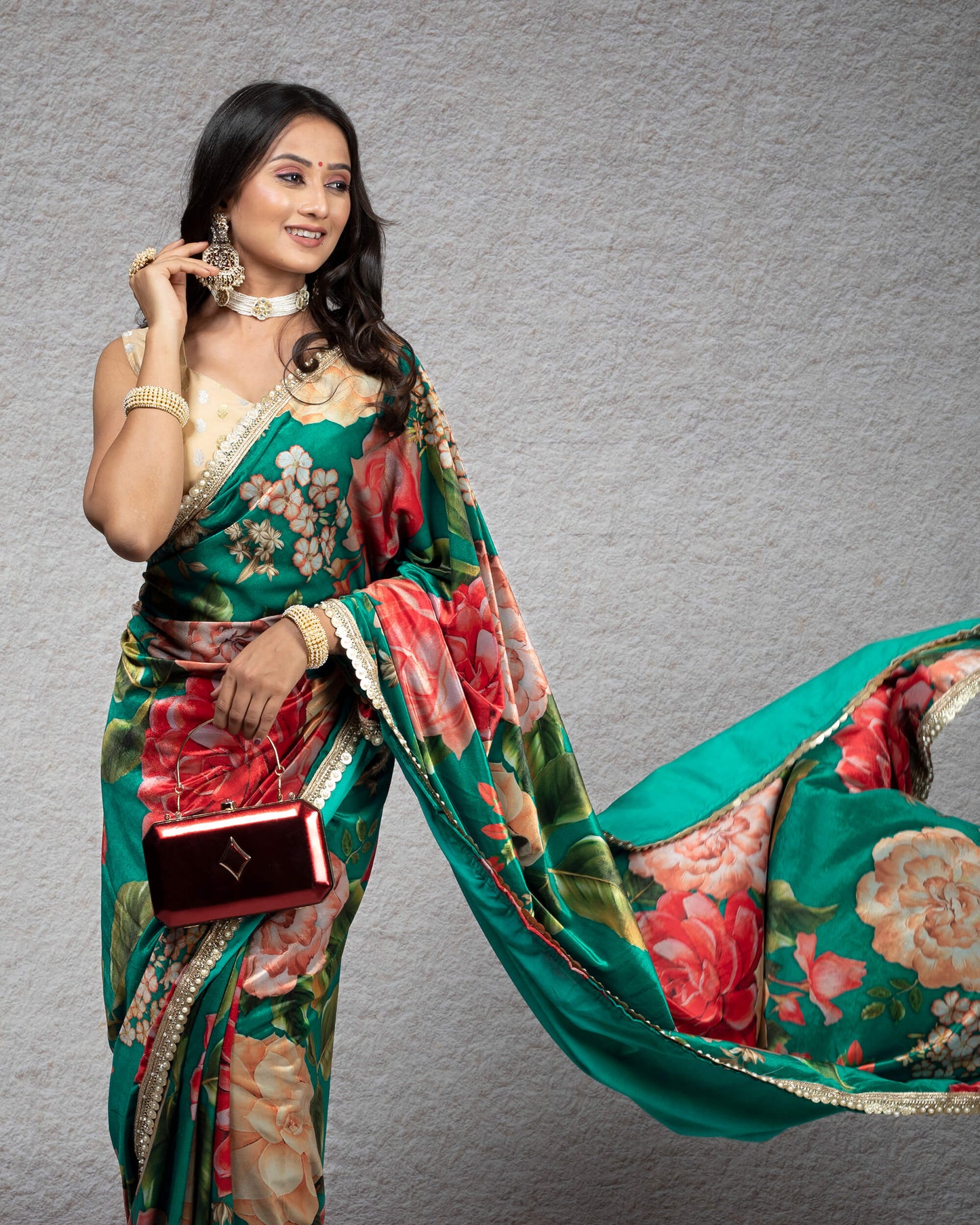 Teal Green And Pink Floral Pattern Digital Print Premium Velvet Saree With Zari Sequins Pearl Work Lace Border