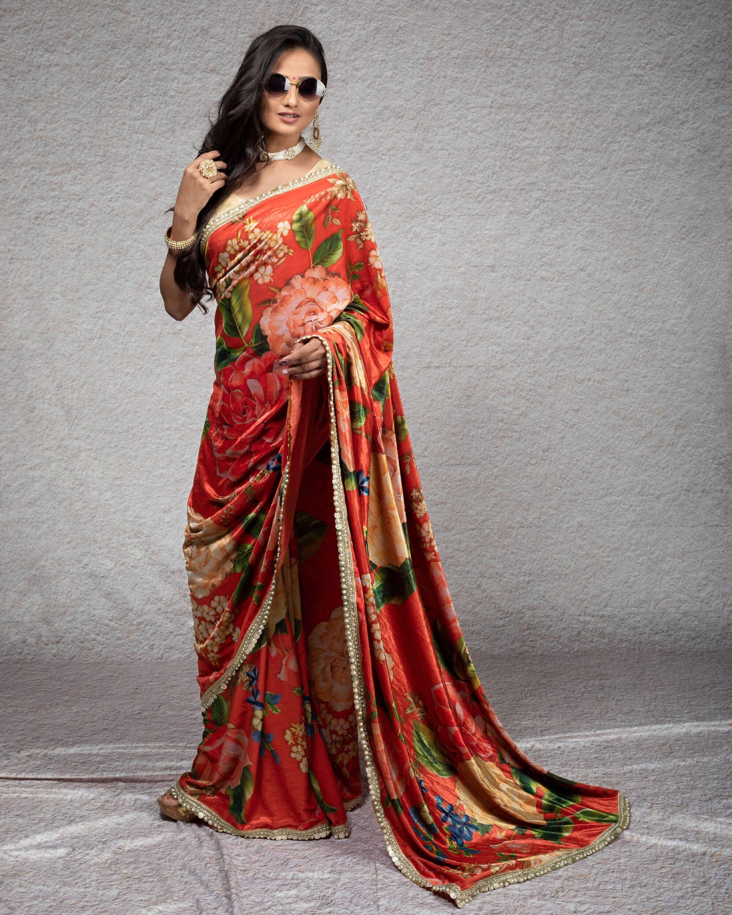 Blood Red And Pink Floral Pattern Digital Print Premium Velvet Saree With Zari Sequins Pearl Work Lace Border