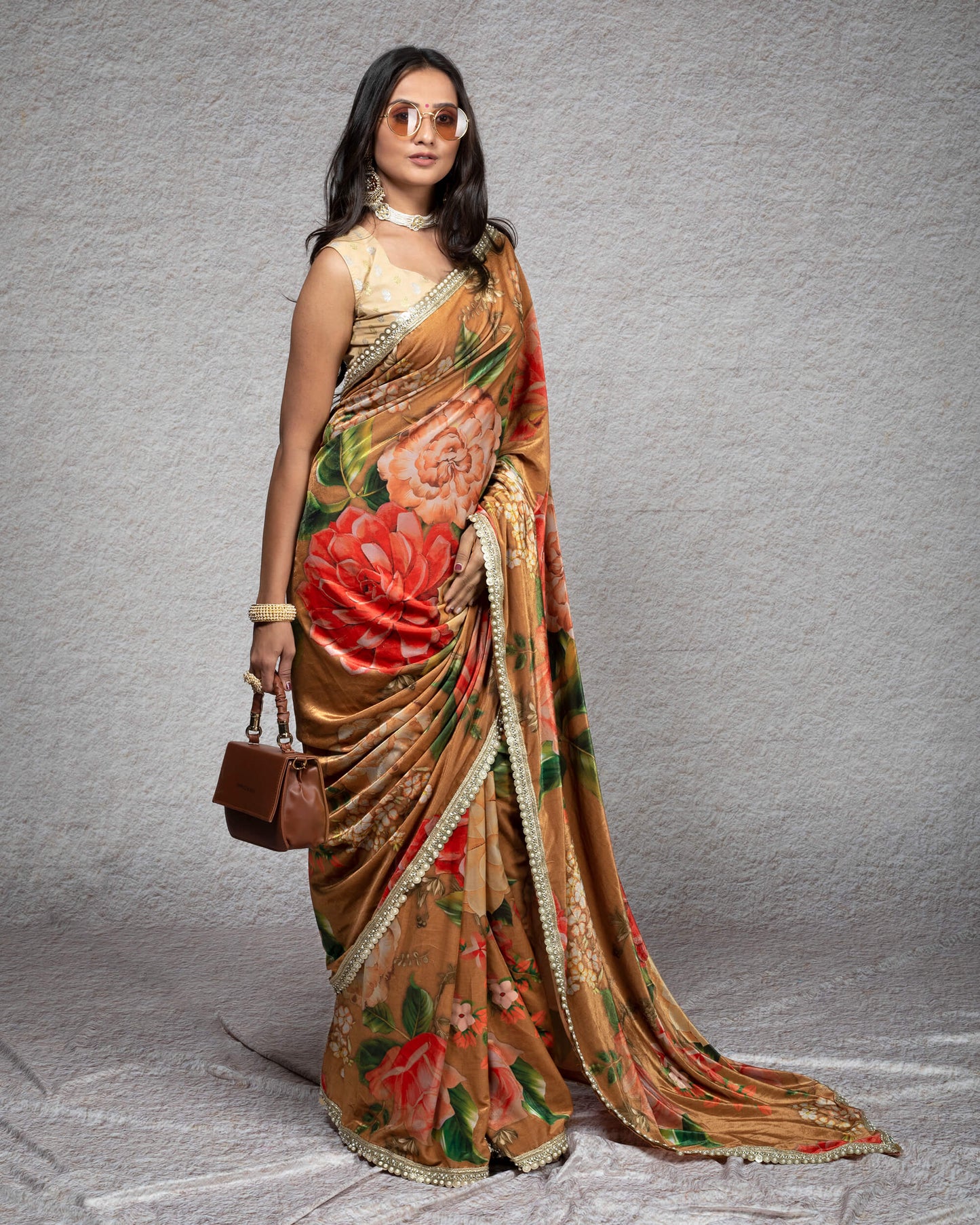 Cider Orange And Pink Floral Pattern Digital Print Premium Velvet Saree With Zari Sequins Pearl Work Lace Border