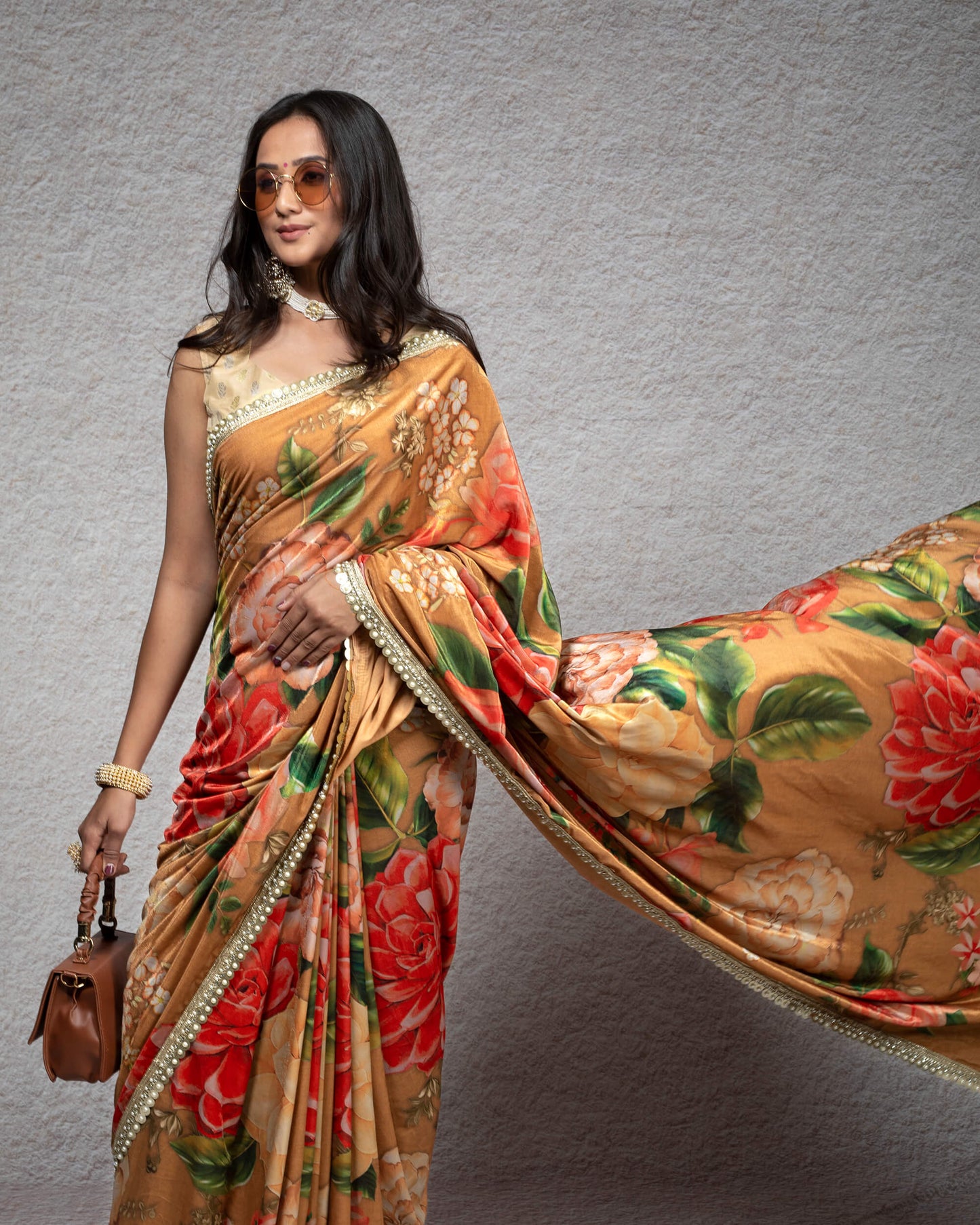 Cider Orange And Pink Floral Pattern Digital Print Premium Velvet Saree With Zari Sequins Pearl Work Lace Border