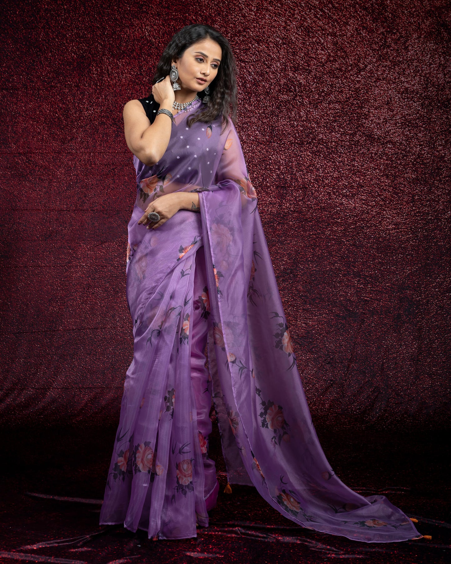 Amethyst Purple And Peach Floral Pattern Digital Print Organza Tissue Saree With Tassels