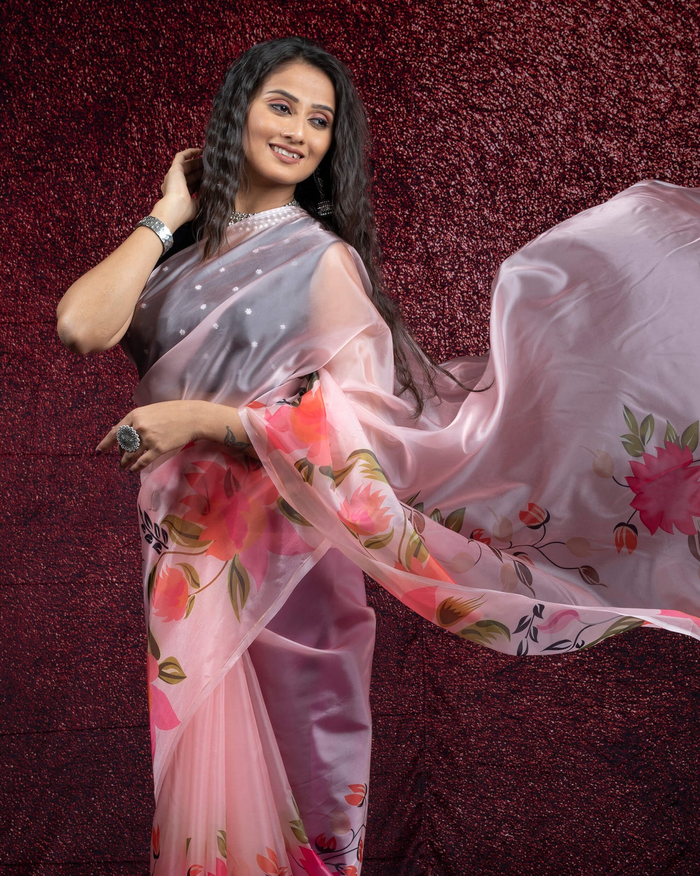 Pink Floral Pattern Digtal Print Liquid Organza Saree With Tassles