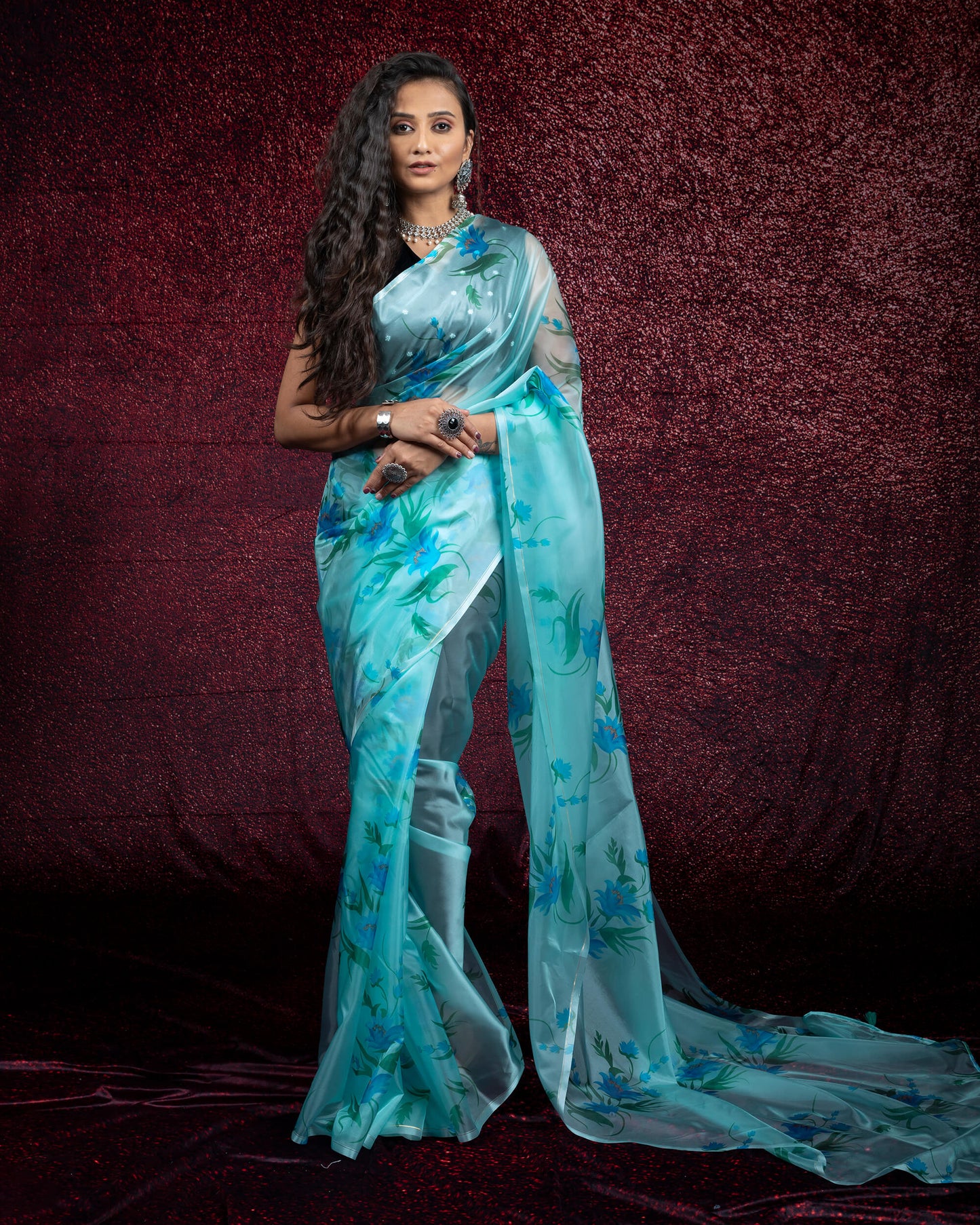 Baby Blue And Green Floral Pattern Digtal Print Liquid Organza Saree With Tassles