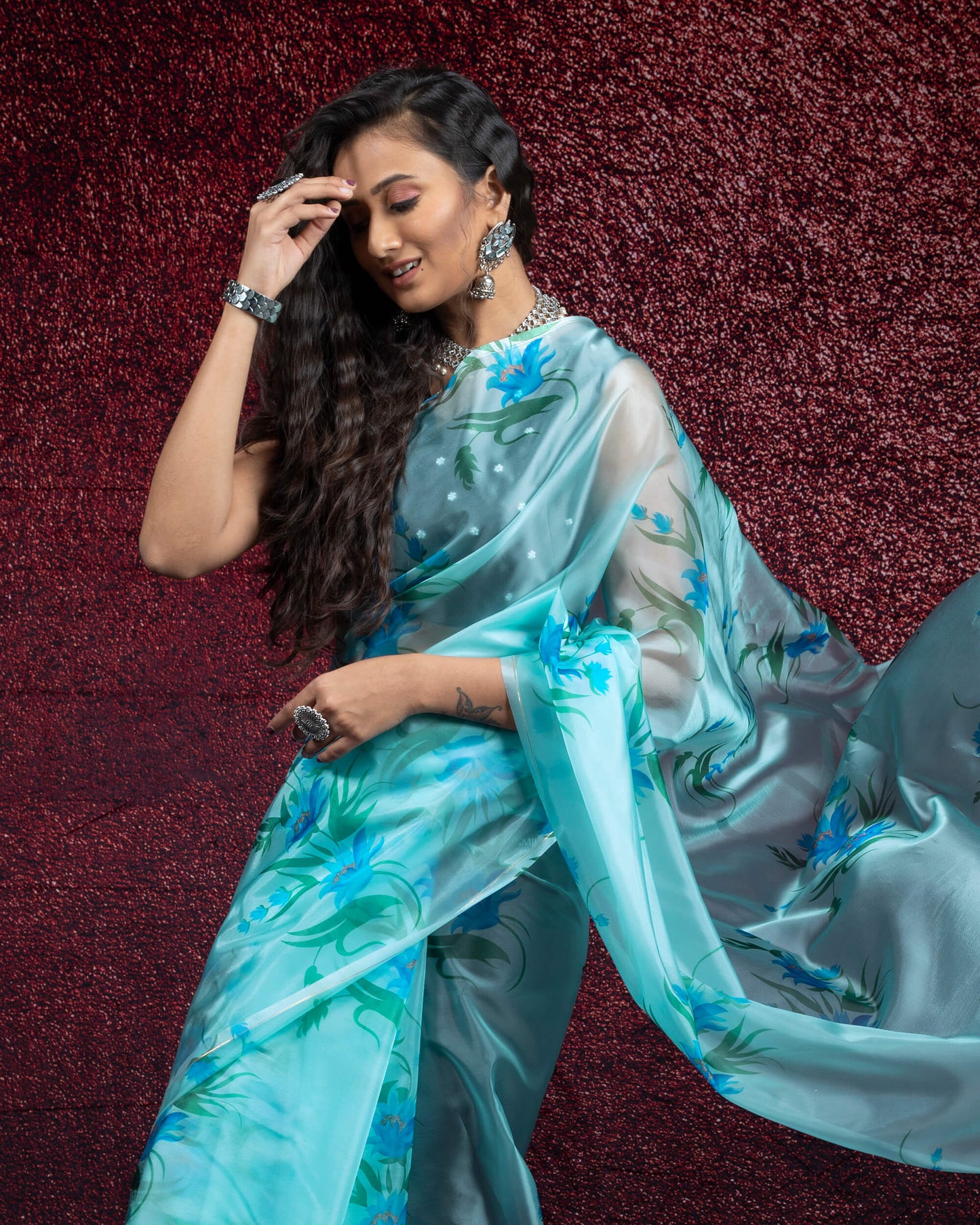 Baby Blue And Green Floral Pattern Digtal Print Liquid Organza Saree With Tassles