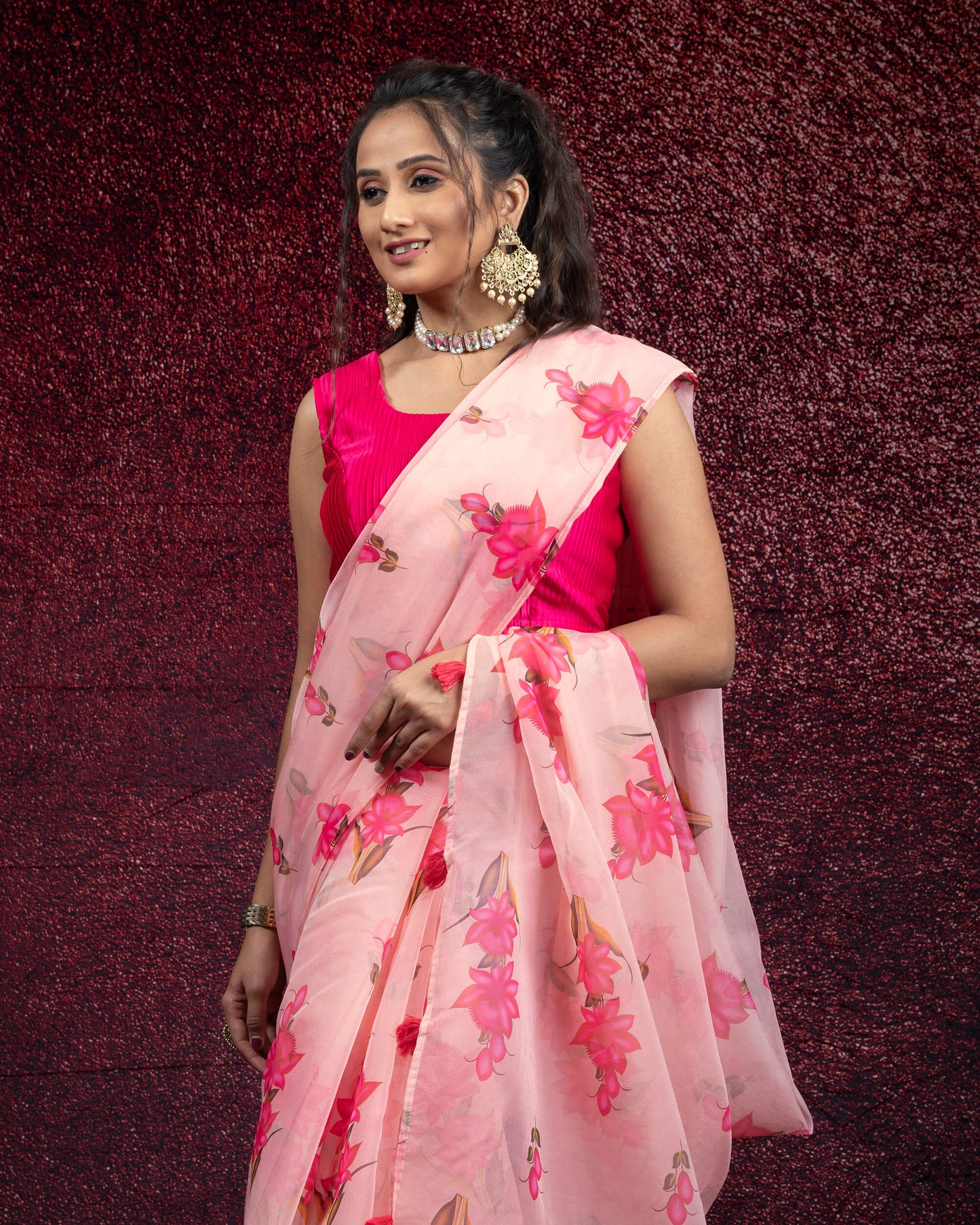 Pink Floral Pattern Organza Saree With Tassles