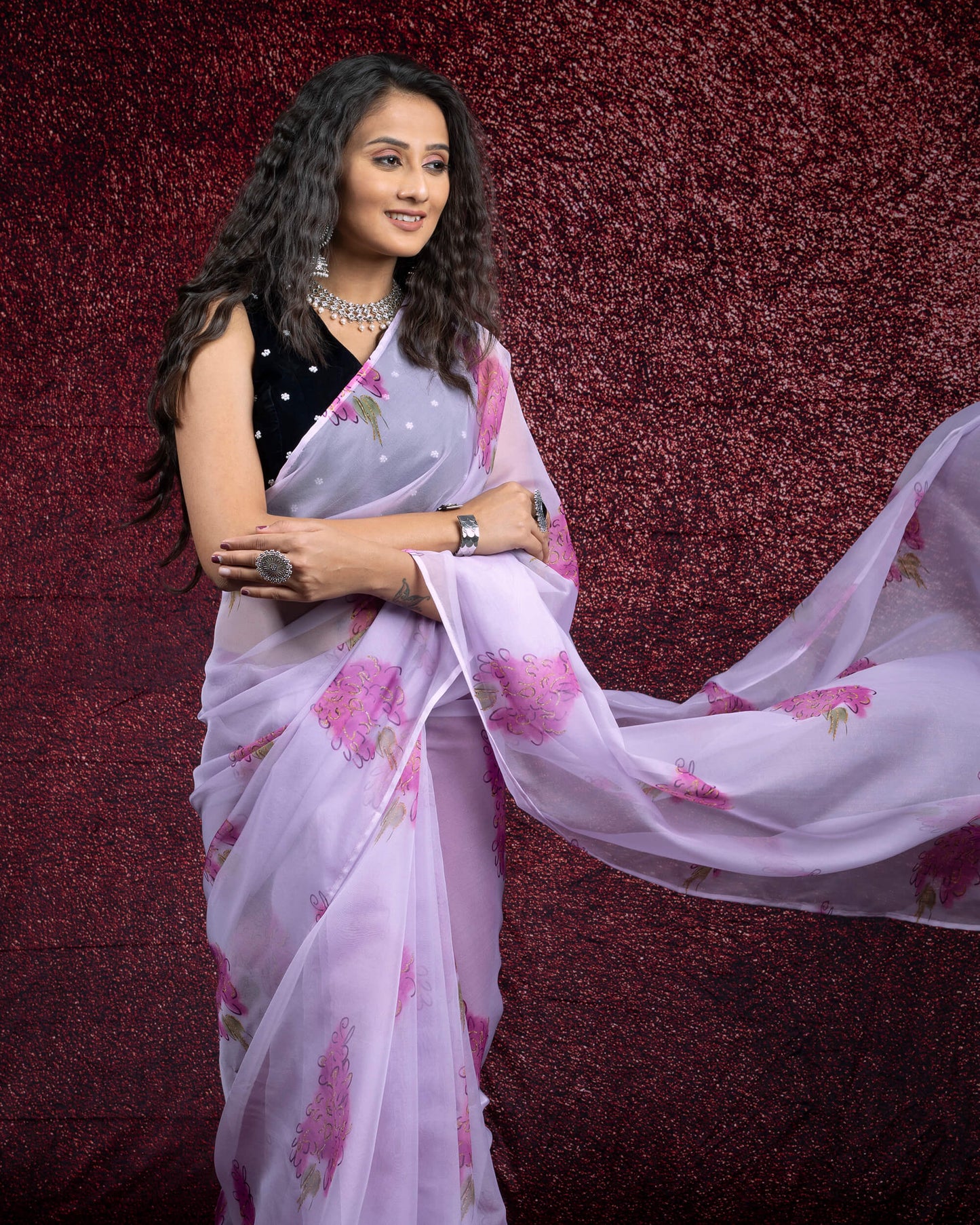 Mauve Purple And Pink Floral Pattern Organza Saree With Tassles